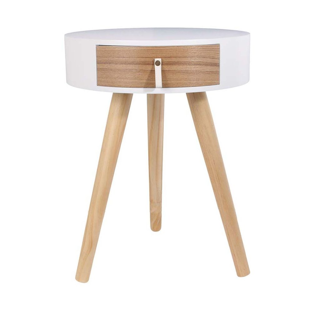Table de chevet - HOME DECO FACTORY - Nora - Rond - Tiroir - Blanc et marron - 7