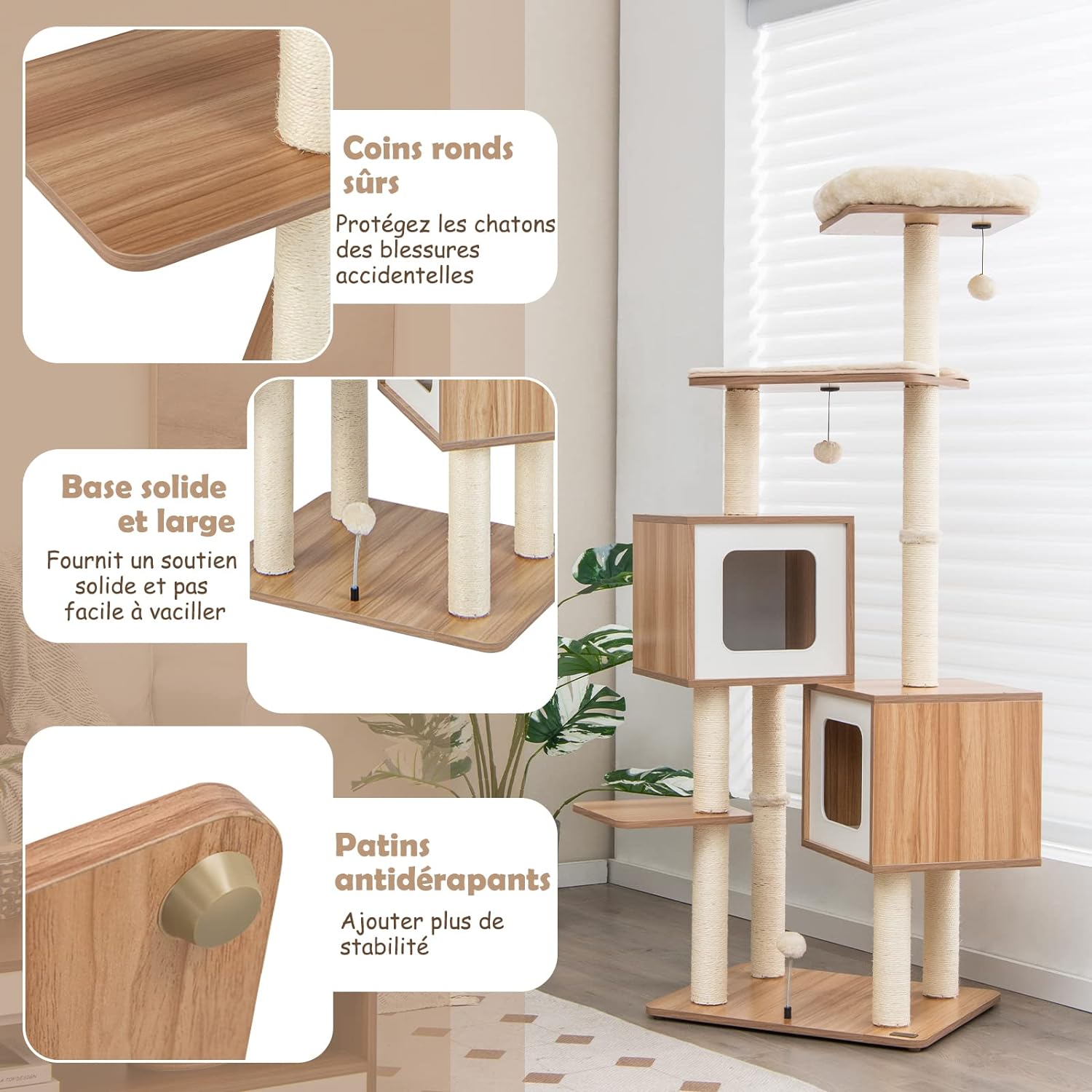 Árbol para gatos de madera de 163 cm, 6 niveles, con plataformas, compartimentos, cojines cómodos, postes de sisal, pelotas, color natural - 2