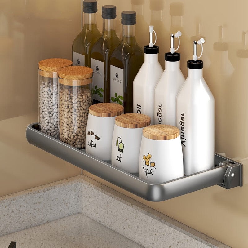 Półka kuchenna, stojak na przyprawy, składana, 32,5×15×5 cm – bez wiercenia, przechowywanie w kuchni, stojak na przyprawy, wielofunkcyjny – szary
