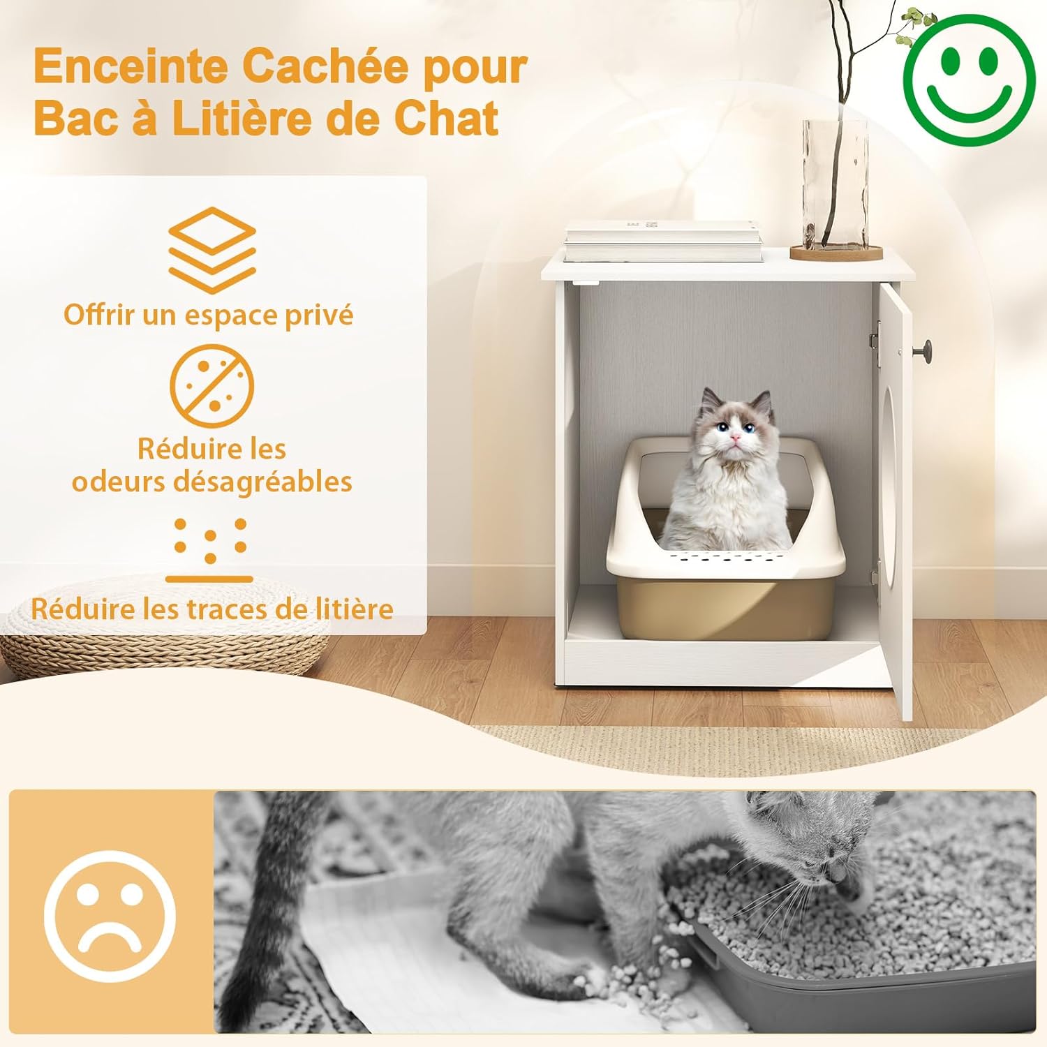 Meuble Litiere Chat en Bois, Grand Trou Ø 25 cm pour Accès, Maison pour Chat, Coussinets Antidérapants, Table d'Appoint, 51x47x57 cm, Blanc - 7