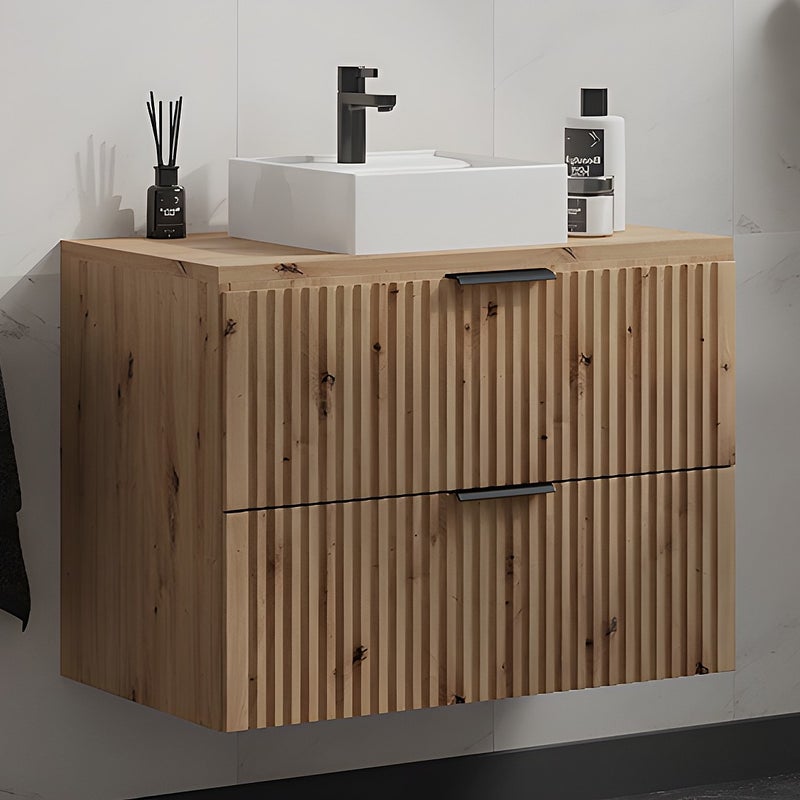 Szafka łazienkowa wisząca ryflowana z umywalką nablatową - Naturalny jasny - szer. 80 cm - ZEVARA