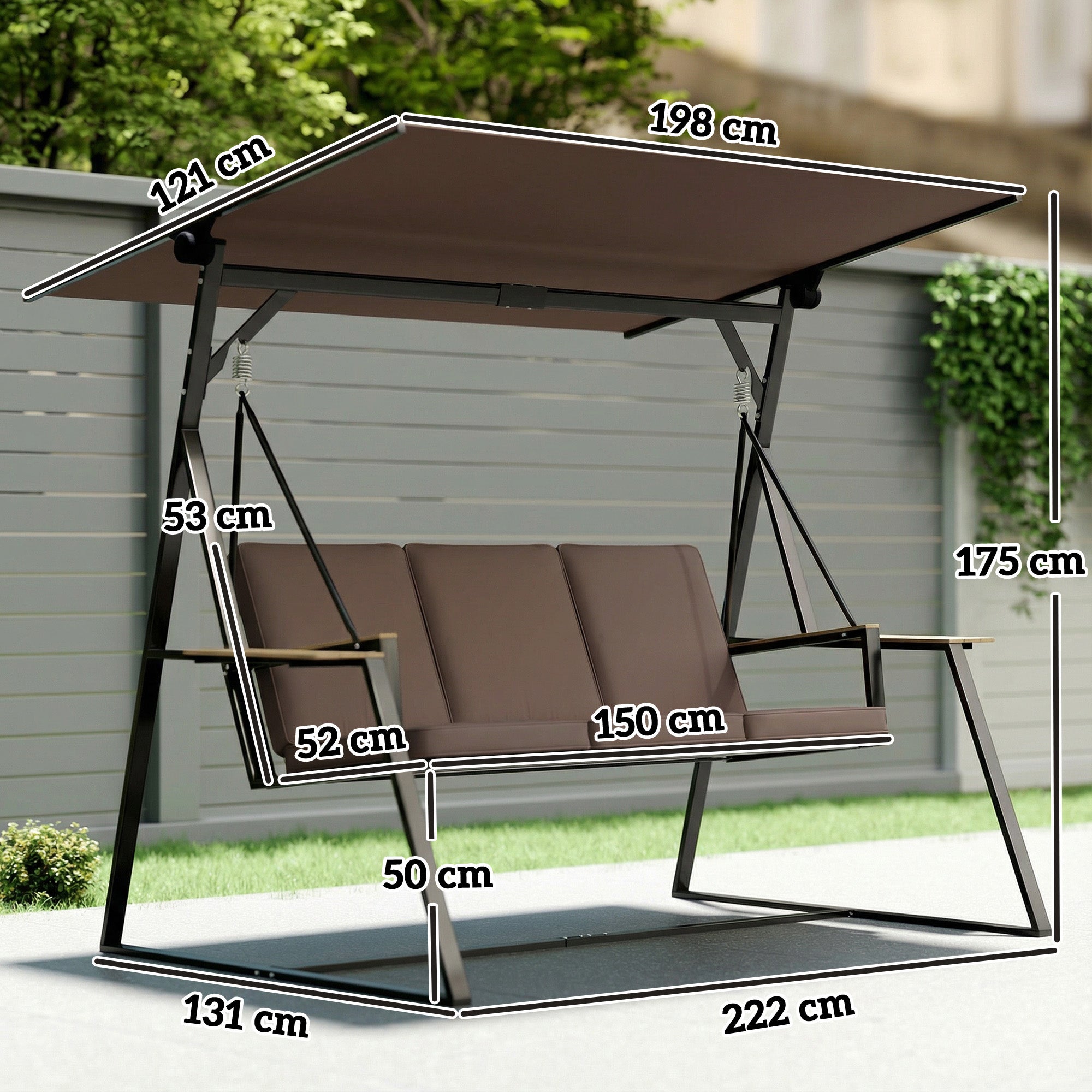 Balancelle de jardin 3 places en métal avec auvent réglable, coussins rembourrés, 360 kg, 222x131x175 cm, marron - 5