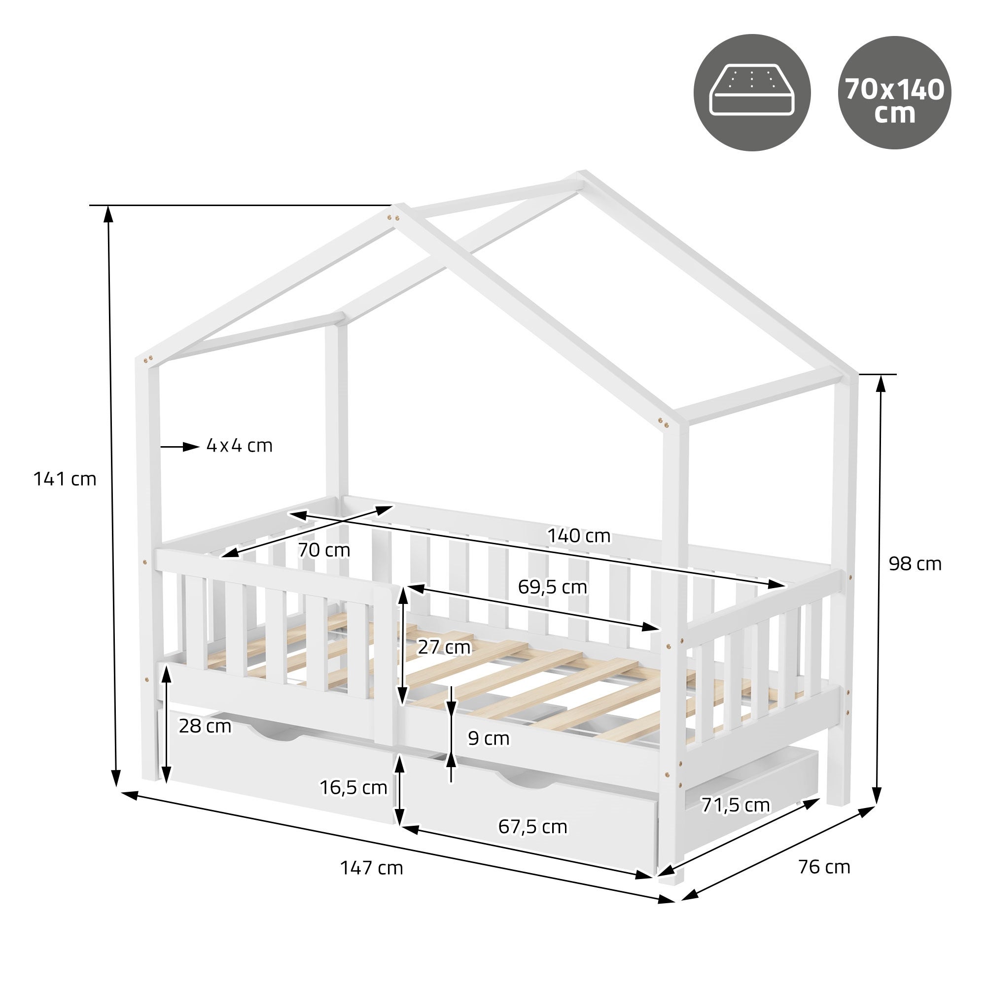 Lit Cabane 90x200 Cm, Lit Simple D'enfant Avec Protection Antichute Et Sommier A Lattes 79082633