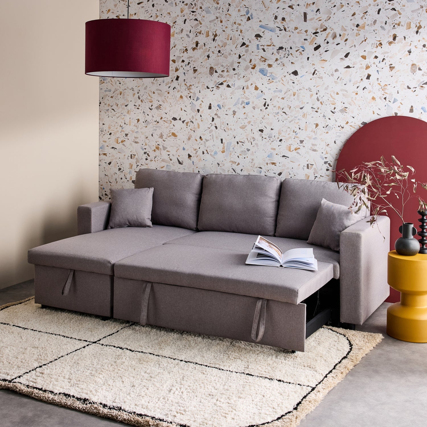 Divano angolare reversibile compatto 3 posti in tessuto, Grigio chiaro - 9