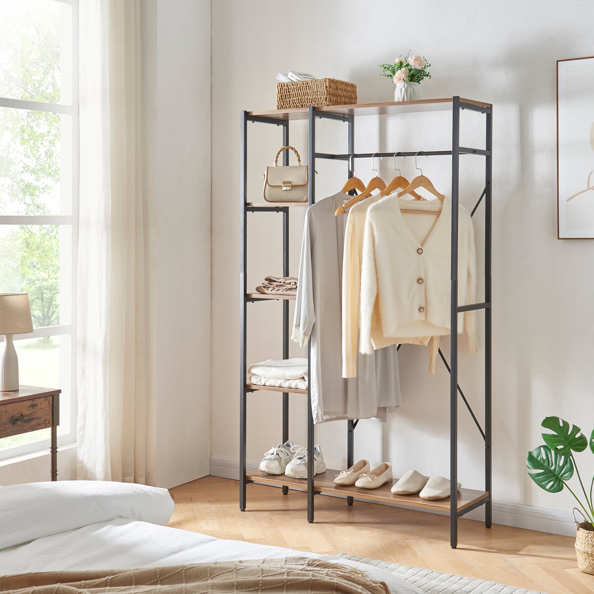 Armadio Aperto Guardaroba 180x120x40 Cm | Con Cassetti, Ripiani E Asta Appendiabiti | MDF Noce - Foto 7