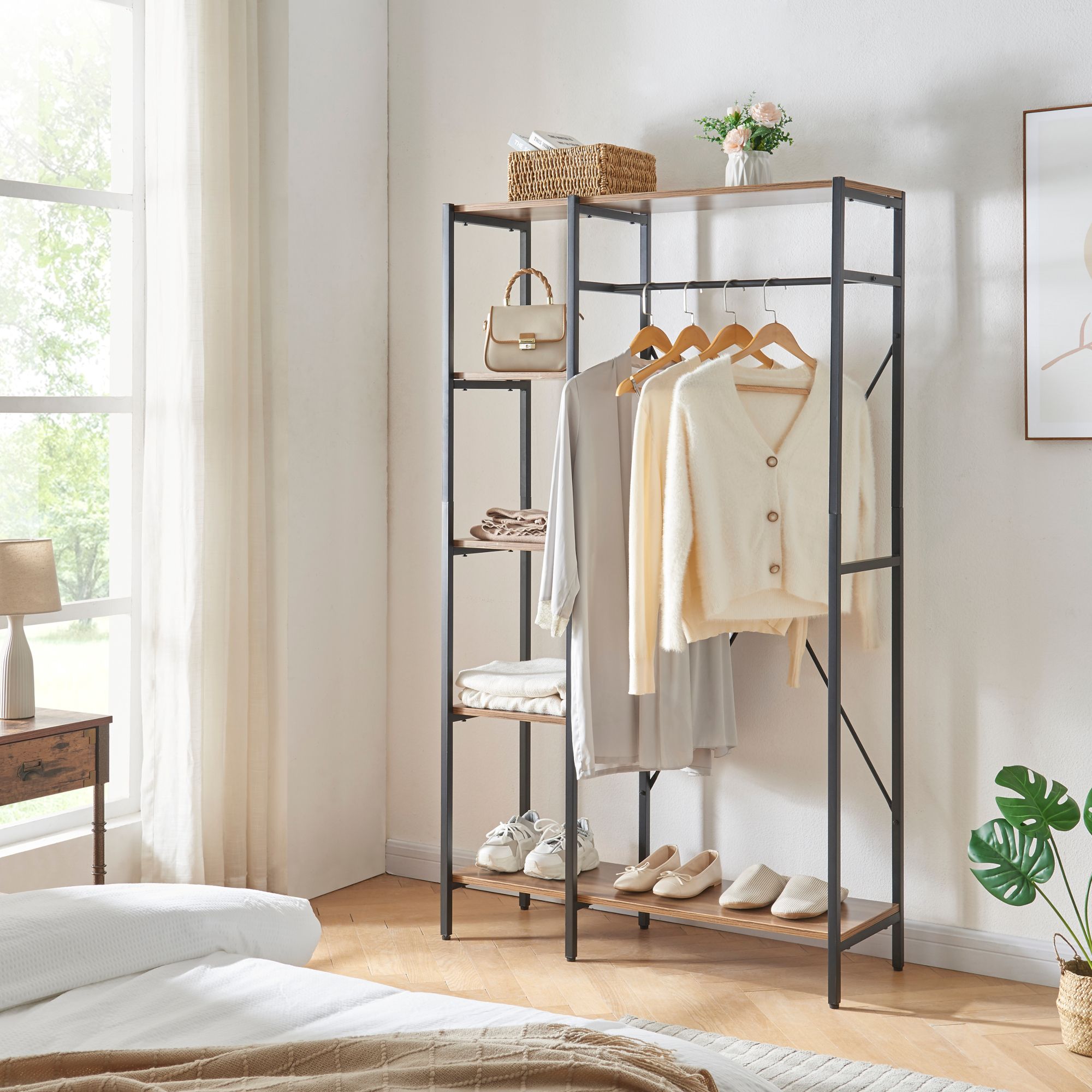 Armadio Aperto Guardaroba 180x120x40 Cm | Con Cassetti, Ripiani E Asta Appendiabiti | MDF Noce - Foto 7