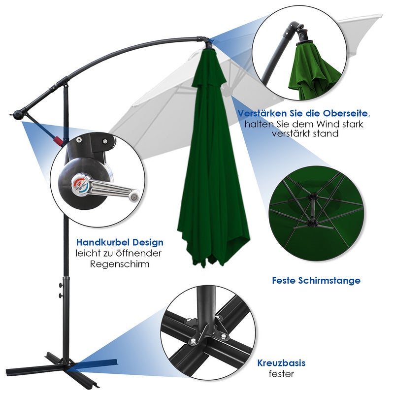 Parapluie 3m Parasol alu pivotant Parasol jardin terrasse balcon vert - 4