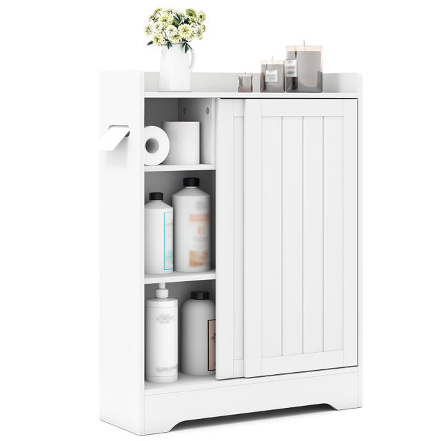 Meuble Salle de Bain, Armoire de Rangement avec 2 Porte-Papier Toilette, Portes Coulissantes, pour Brosse WC, Étagère Réglable, 20 x 60 x 80 cm, Blanc