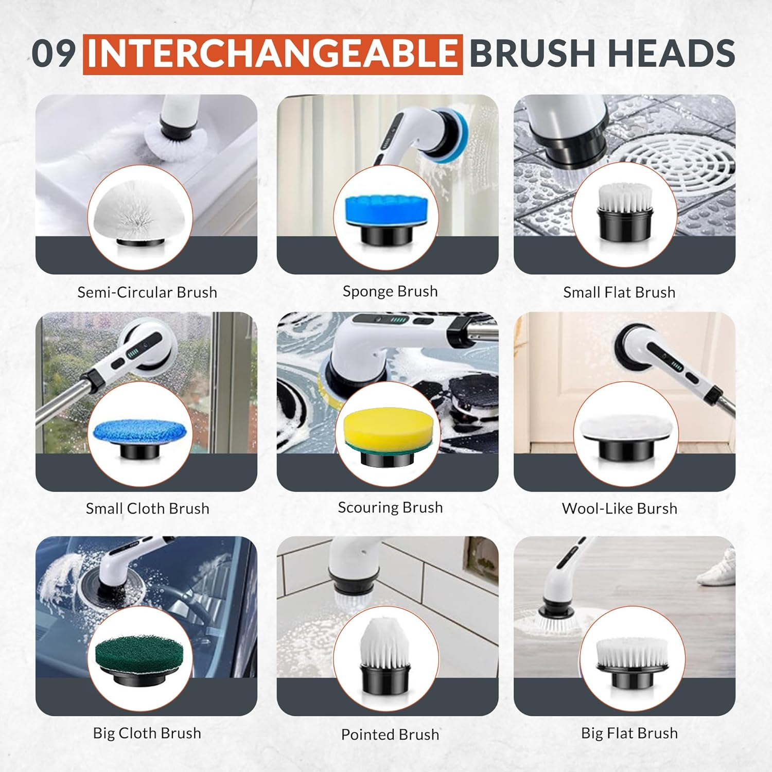 Brosse de nettoyage électrique sans fil, Autolaveuse électrique rotative, Nettoyeur électrique, Brosse de douche avec 9 têtes de brosse remplaçables - 3