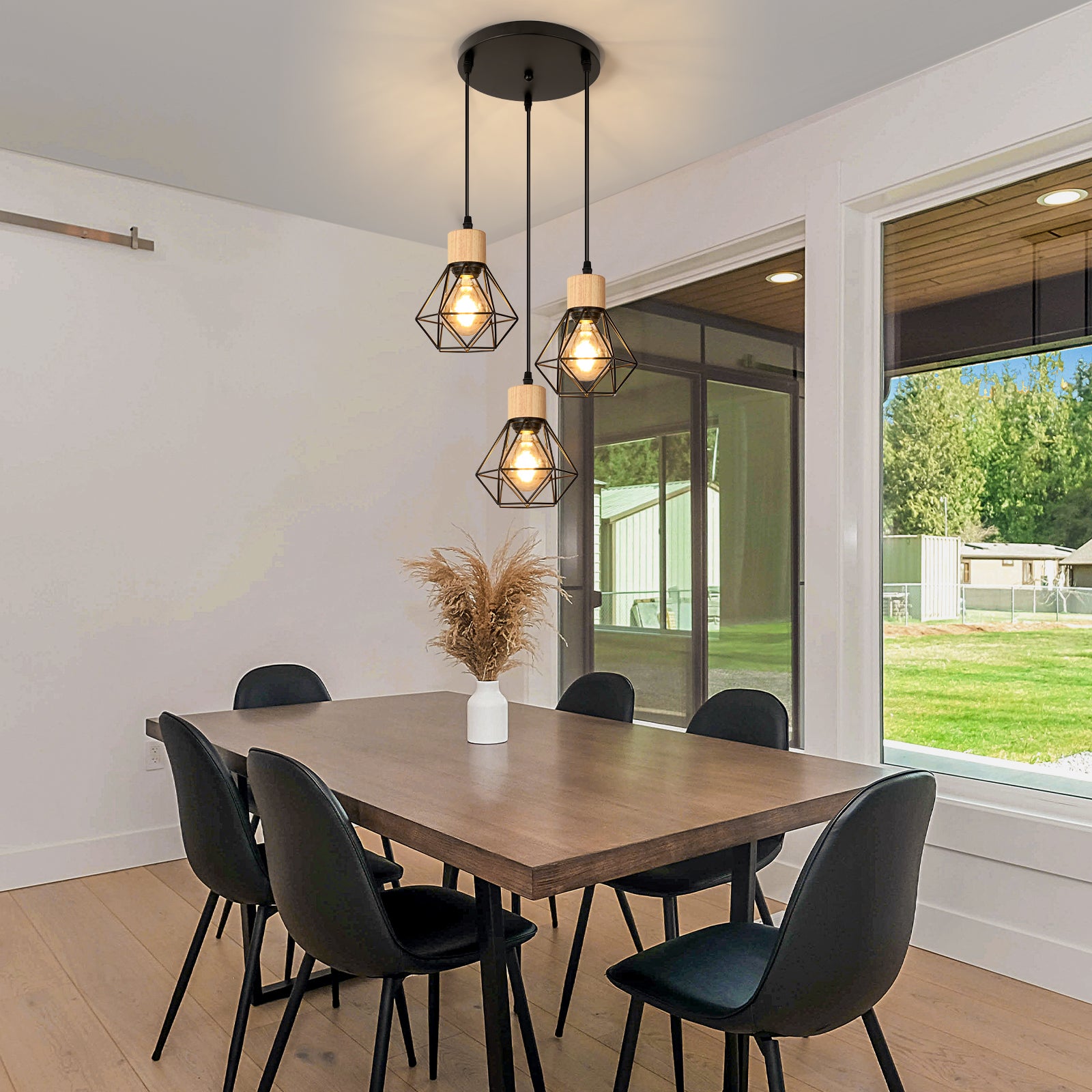 GOECO Lustre Suspension en Diamant, Noir - 3 Têtes, Châssis Rond 30 CM, fil 1m(Réglable), Base E27(sans Ampoule) - 5