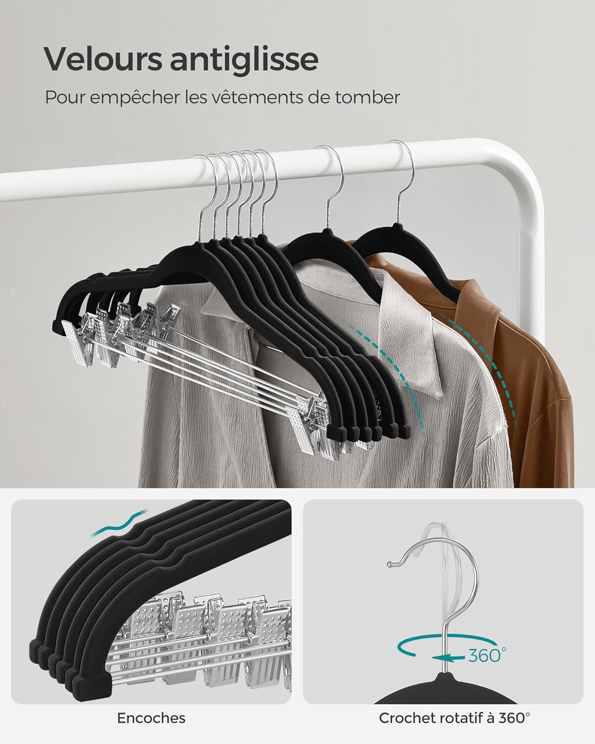 Lot de 10 cintres velours noirs 42,5 cm pour pantalons, manteaux, robes, pinces réglables, antiglisse, gain de place, organiseur pratique - 5