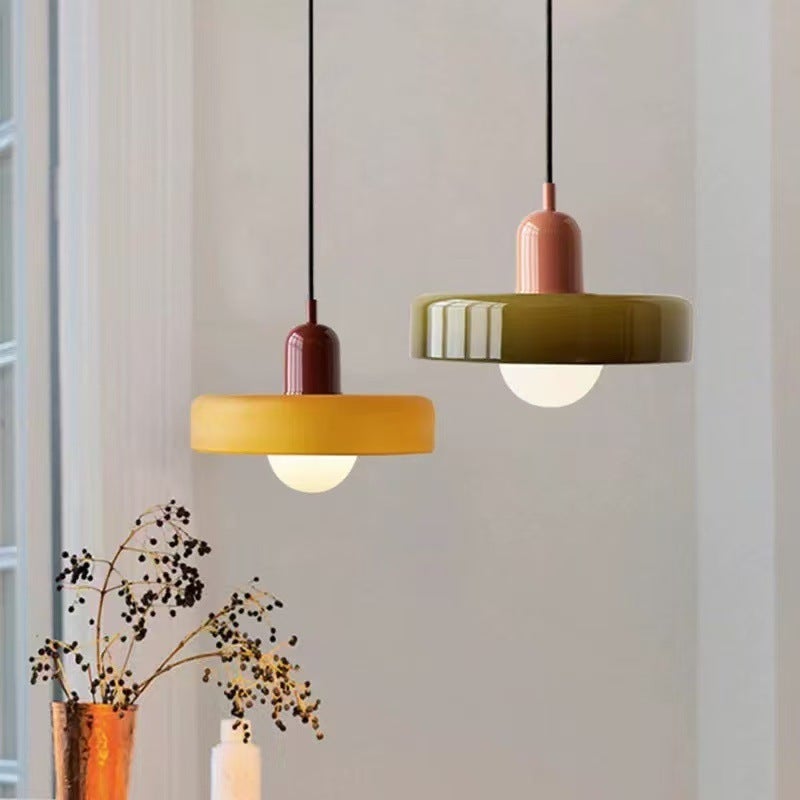Lustre Bauhaus, abat-jour en vitrail, lumière tricolore, verre vert de 25 cm + pied de lampe rose - 8