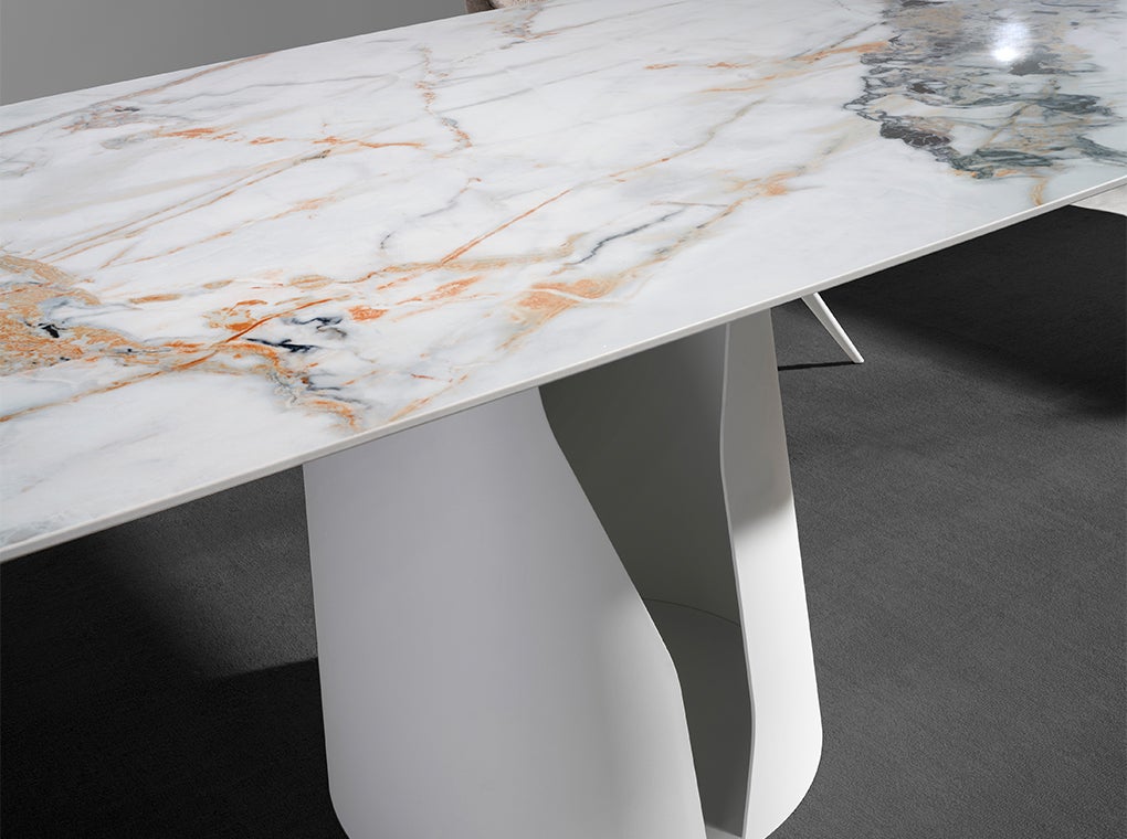 ANGEL CERDA Mesa comedor ovalada barril mármol porcelánico y acero blanco - 8