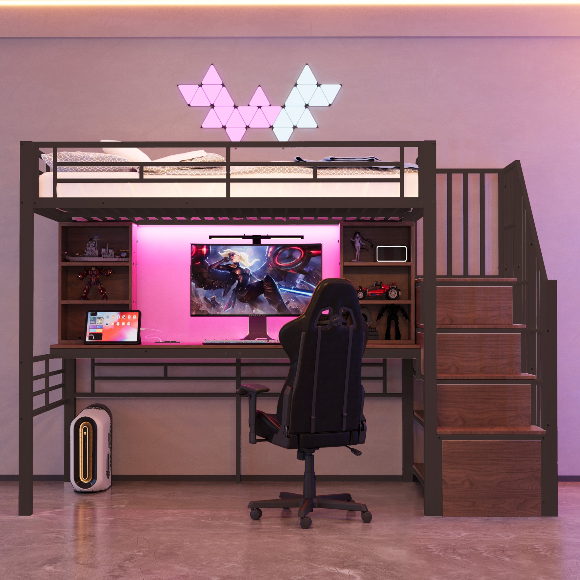 Łóżko na antresoli 90x200 cm - z półkami - z biurkiem - z gniazdkiem elektrycznym - z oświetleniem LED - z drabiną - czarny