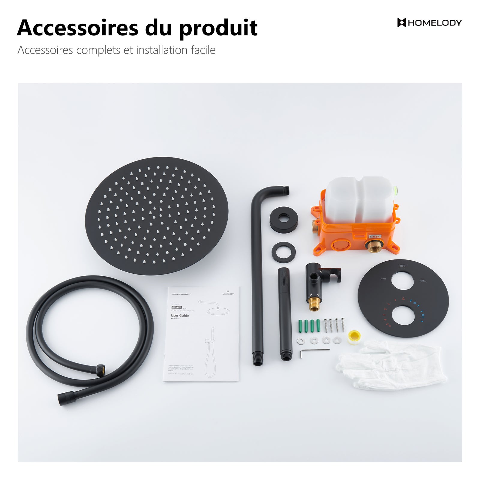 Colonne de Douche Thermostatique Noir en Laiton, Système Encastré avec Tête Ronde 12