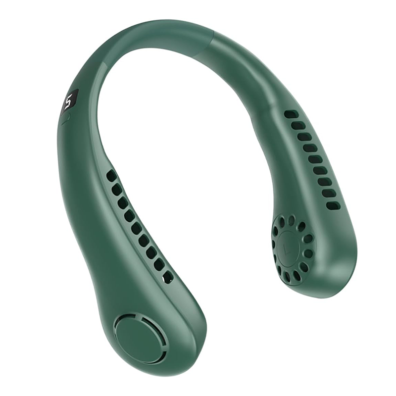 Akumulatorowy wentylator na szyję z wyświetlaczem LED, kolor zielony, 5 ustawień prędkości wiatru, odpowiedni do podróży i ćwiczeń.