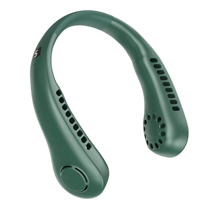 Akumulatorowy wentylator na szyję z wyświetlaczem LED, kolor zielony, 5 ustawień prędkości wiatru, odpowiedni do podróży i ćwiczeń.