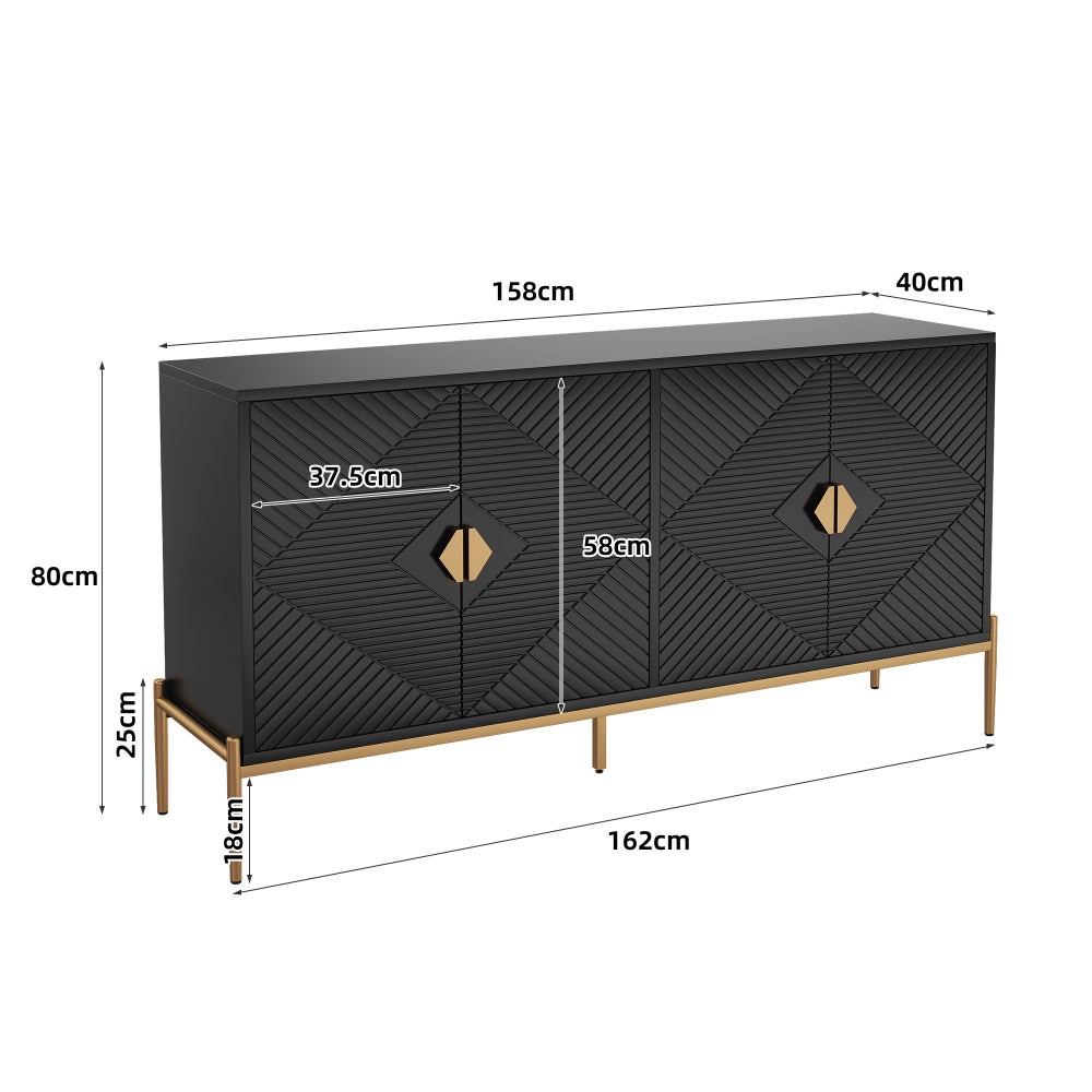 Nowoczesna komoda z 4 drzwiami 162x40x80cm z metalowymi nóżkami w kolorze złotym–komoda o geometrycznym designie i dużą przestrzenią do przechowywania - 5