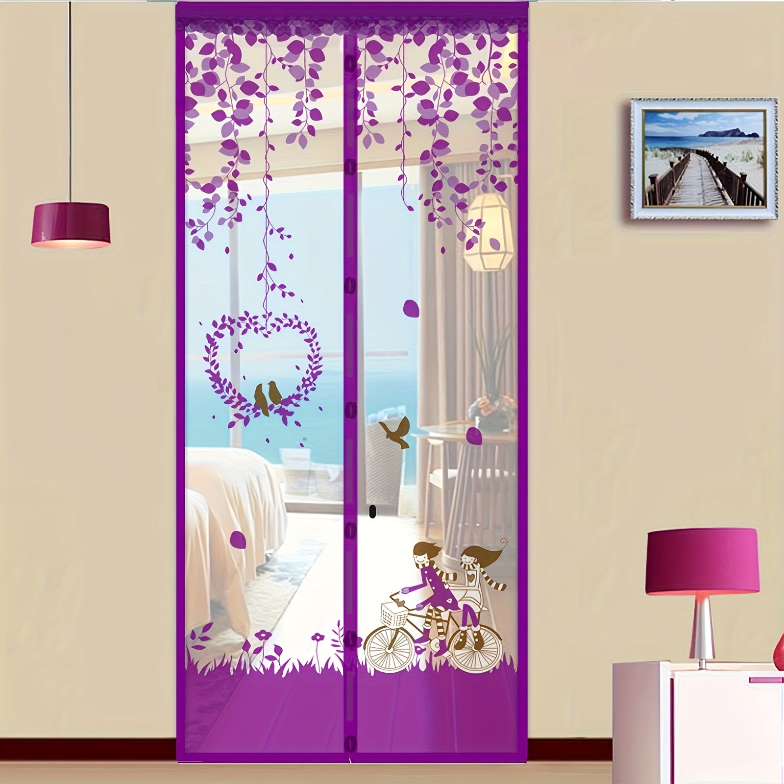 Magnetyczna kurtyna na drzwi przeciwko komarom 90 x 210 cm – Letnia moskitiera, zapobiega wlatywaniu owadów i odstrasza komary (fioletowa)