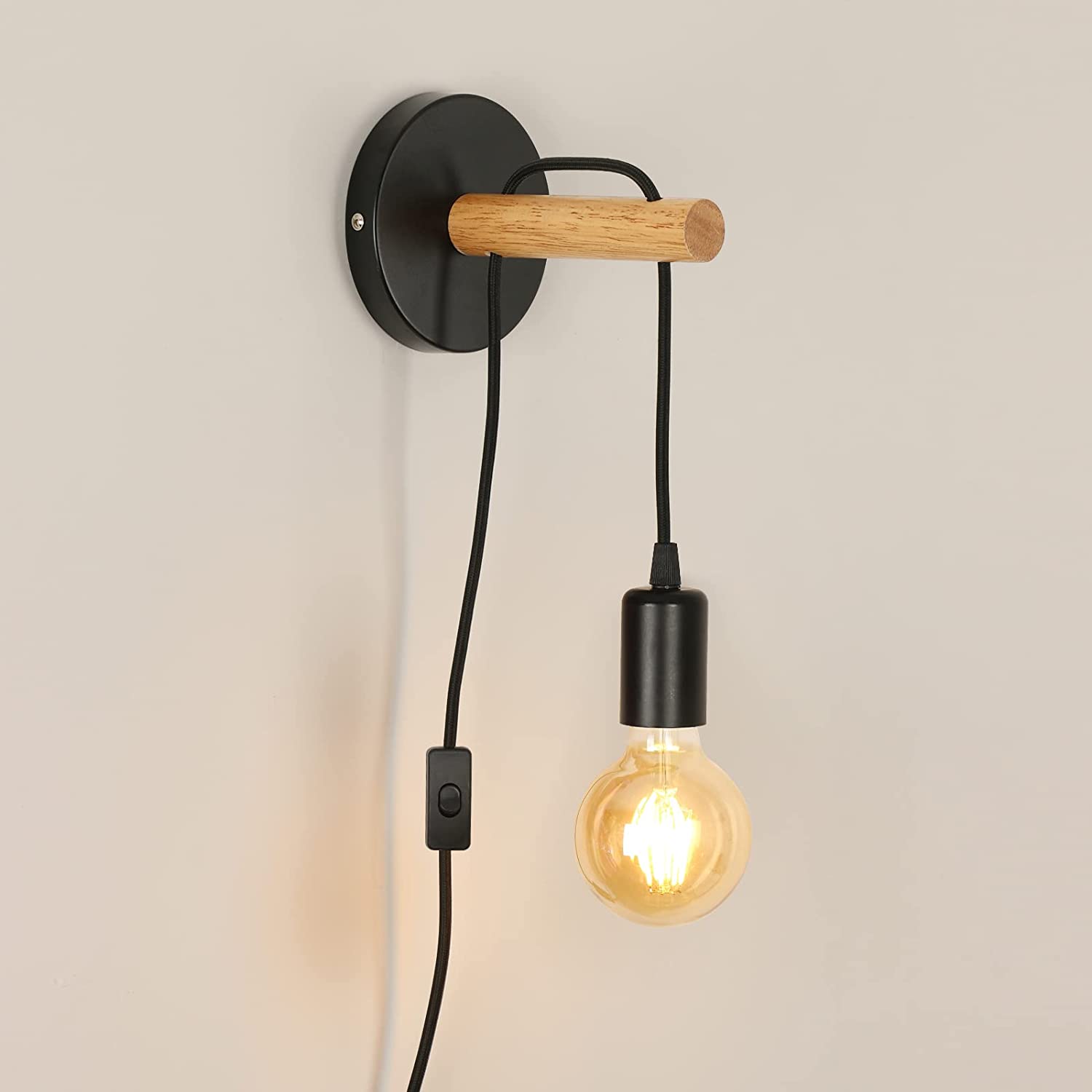 Applique Murale Bois & Métal Vintage E27 - Style Industriel Nordique Rétro Noir Pour Chambre, Salon