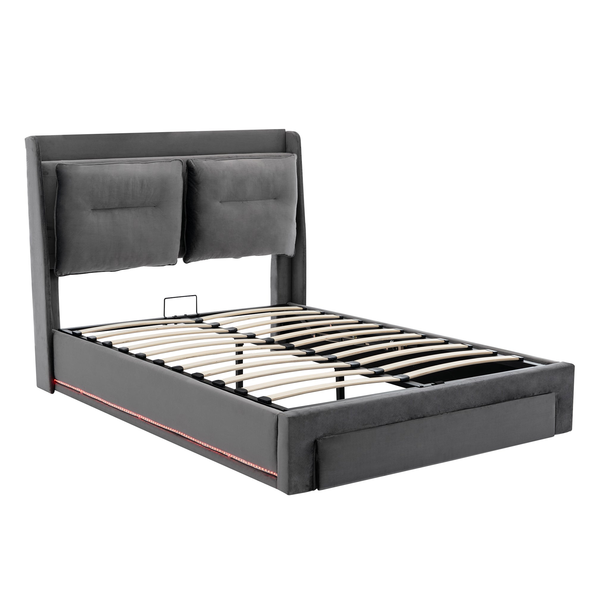 Cama con canapé tapizada en terciopelo - 140x190 cm - 2 cajones a los pies de la cama - Tira de luces LED empotrada a los pies de la cama - Gris - 5