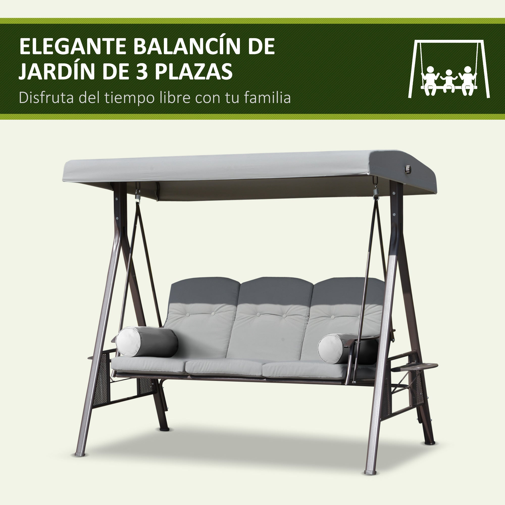 Baloiço de Jardim Outsunny Cinzento Metal e Poliéster 206x116x183cm - 7