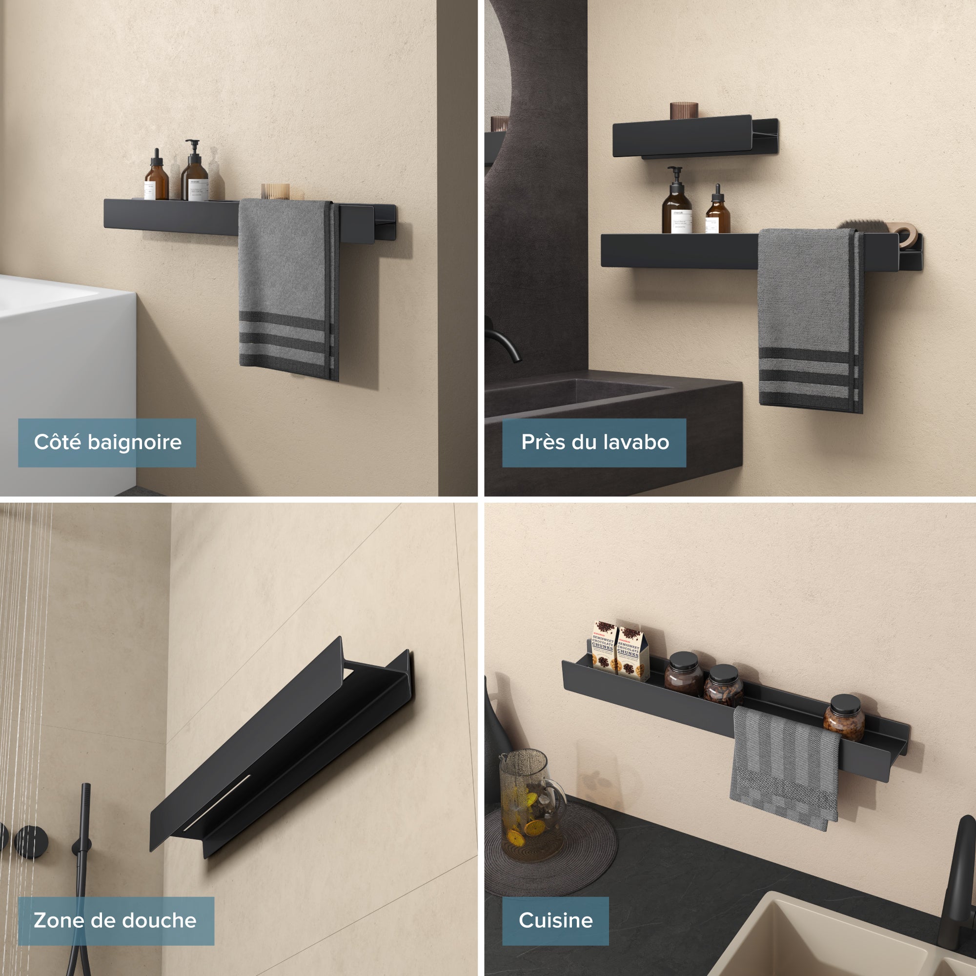 doporro Serviteur de Douche Mural Amovible avec Porte-Serviettes Étagère Douche Noir Mat Organisateur de Toilettes pour Salle de Bain Reglo-03 - 4