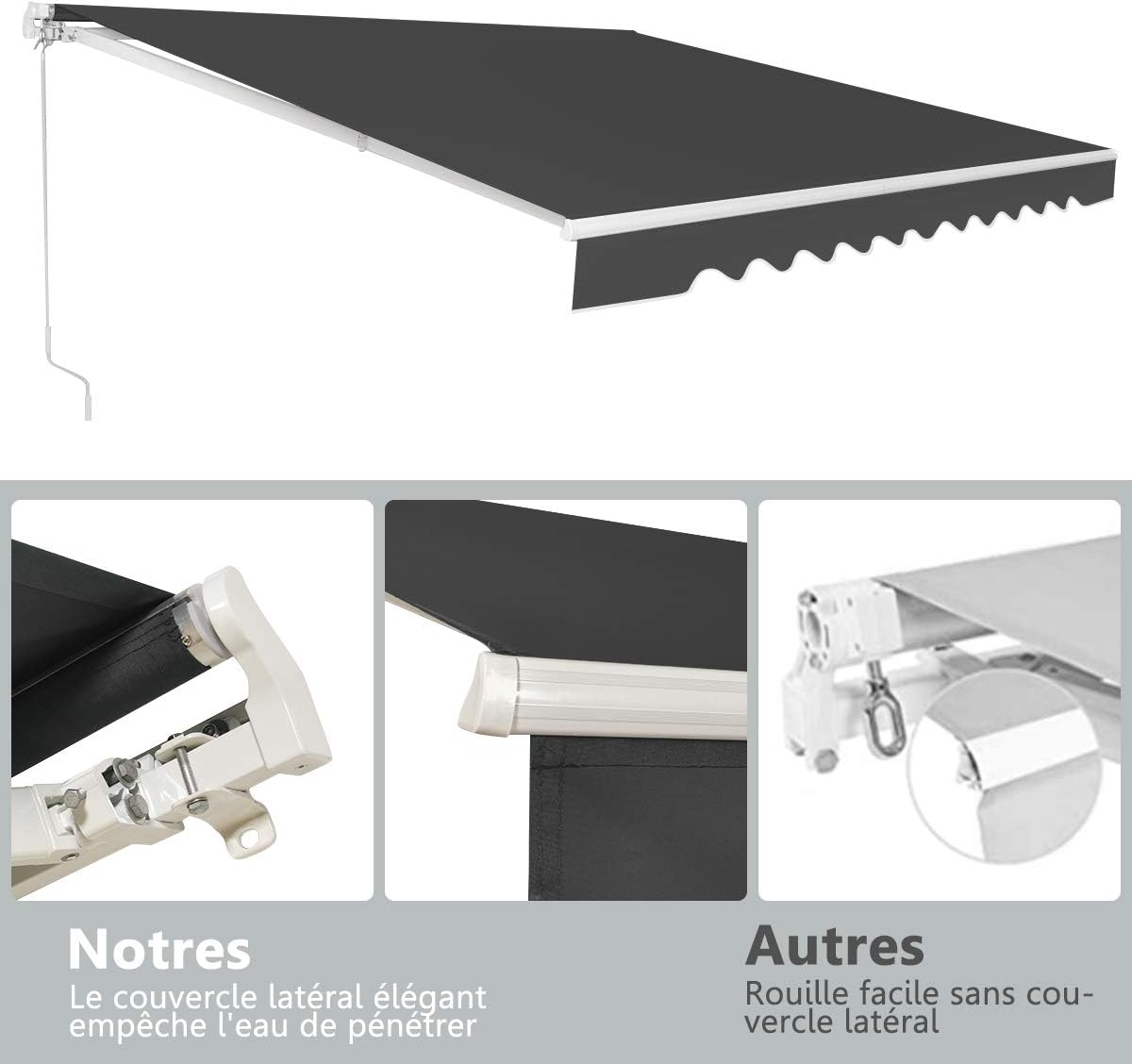 Store Banne 4 x 2,5 M Rétractable | Auvent Extérieur | Manivelle | Inclinaison 5-35°| Polyester Résistant | Protection Solaire, Gris - 2
