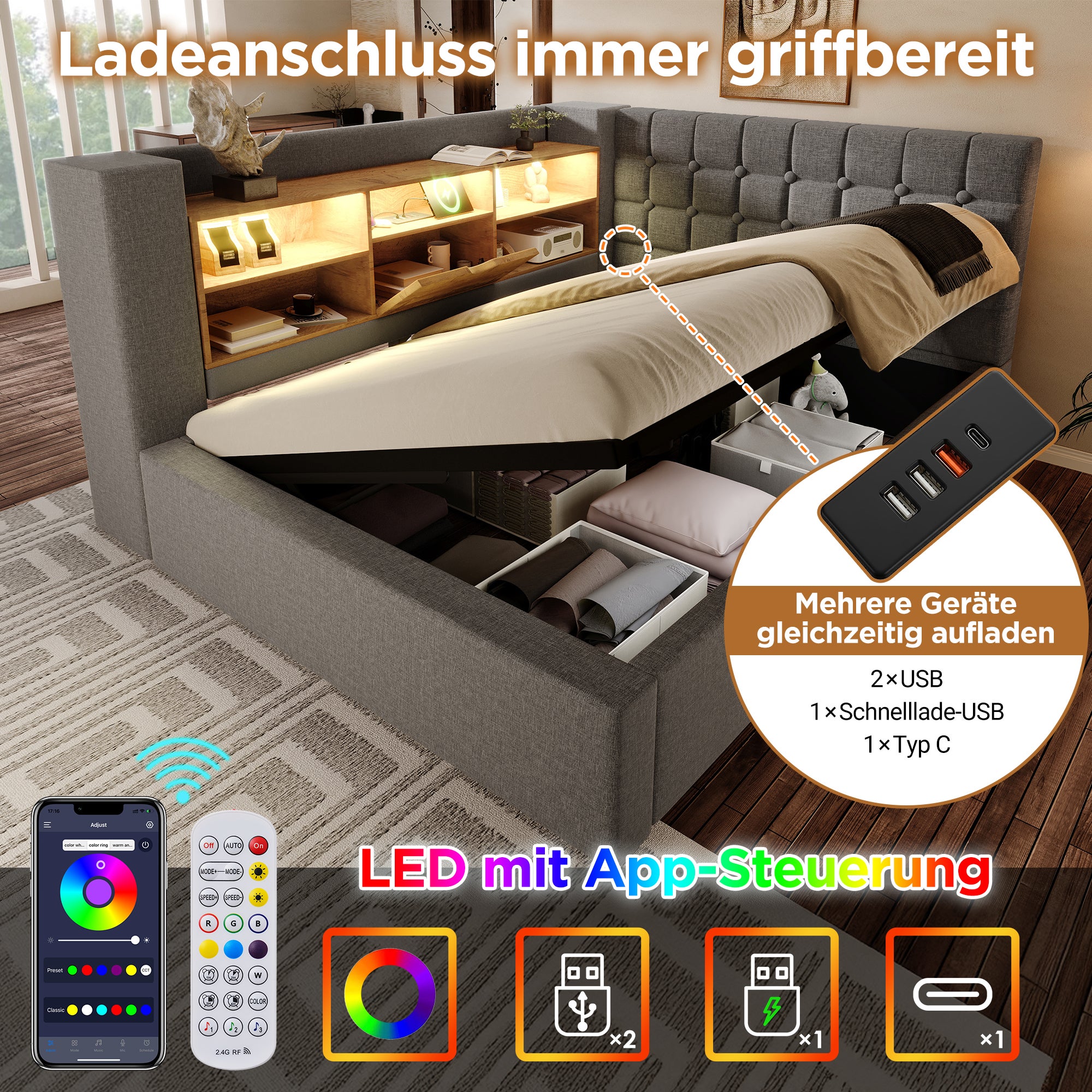Łóżko z pojemnikiem 90 x 190 cm i 6 przegródkami – tkanina lniana – diody LED i porty USB – kolor szary (materac nie jest dołączony) - 3