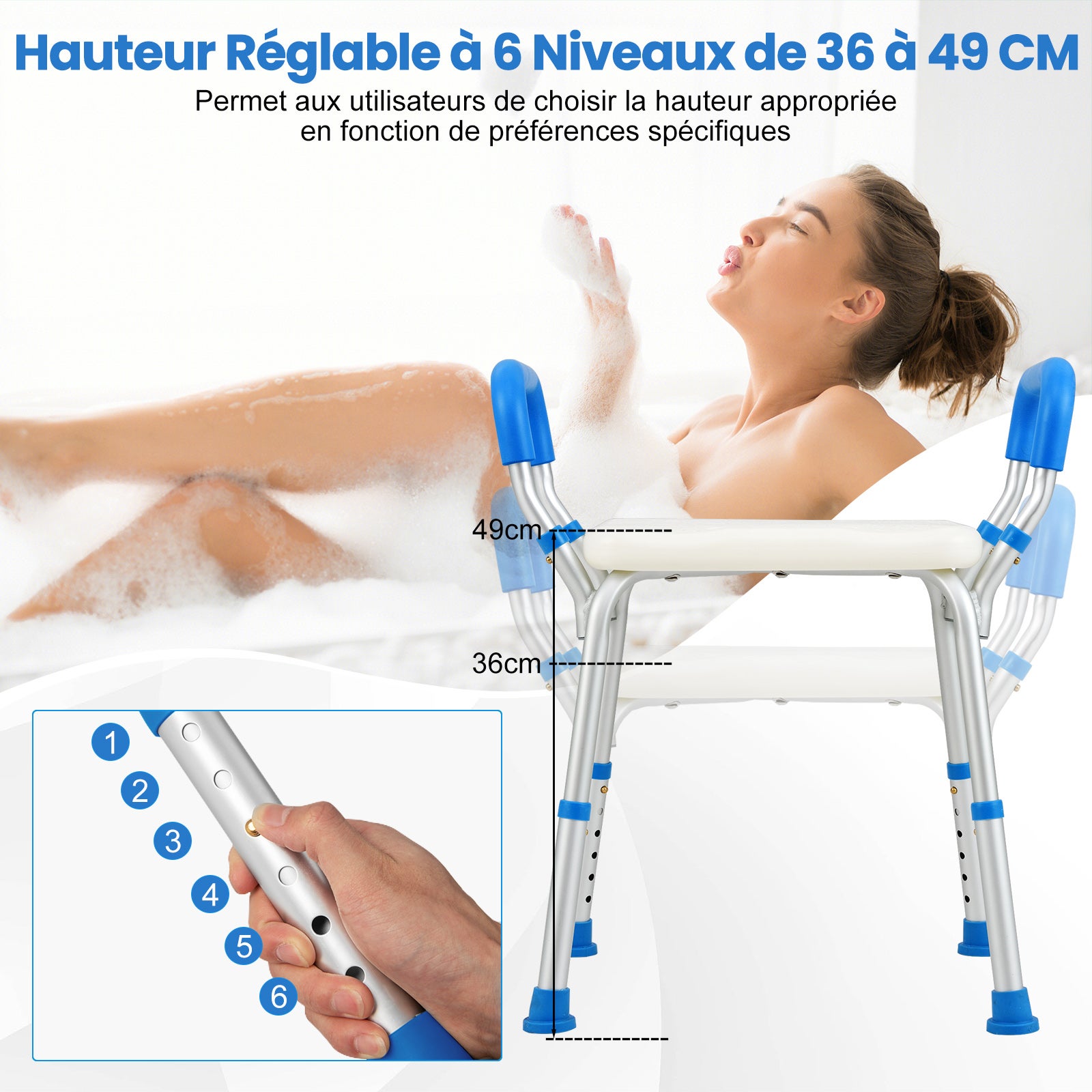 Tabouret de Douche 6 Hauteurs Réglables 36-49cm, Chaise de Douche Accoudoirs Amovibles, Pieds En Caoutchouc Antidérapants, Tabouret Salle de Bain,Bleu - 5