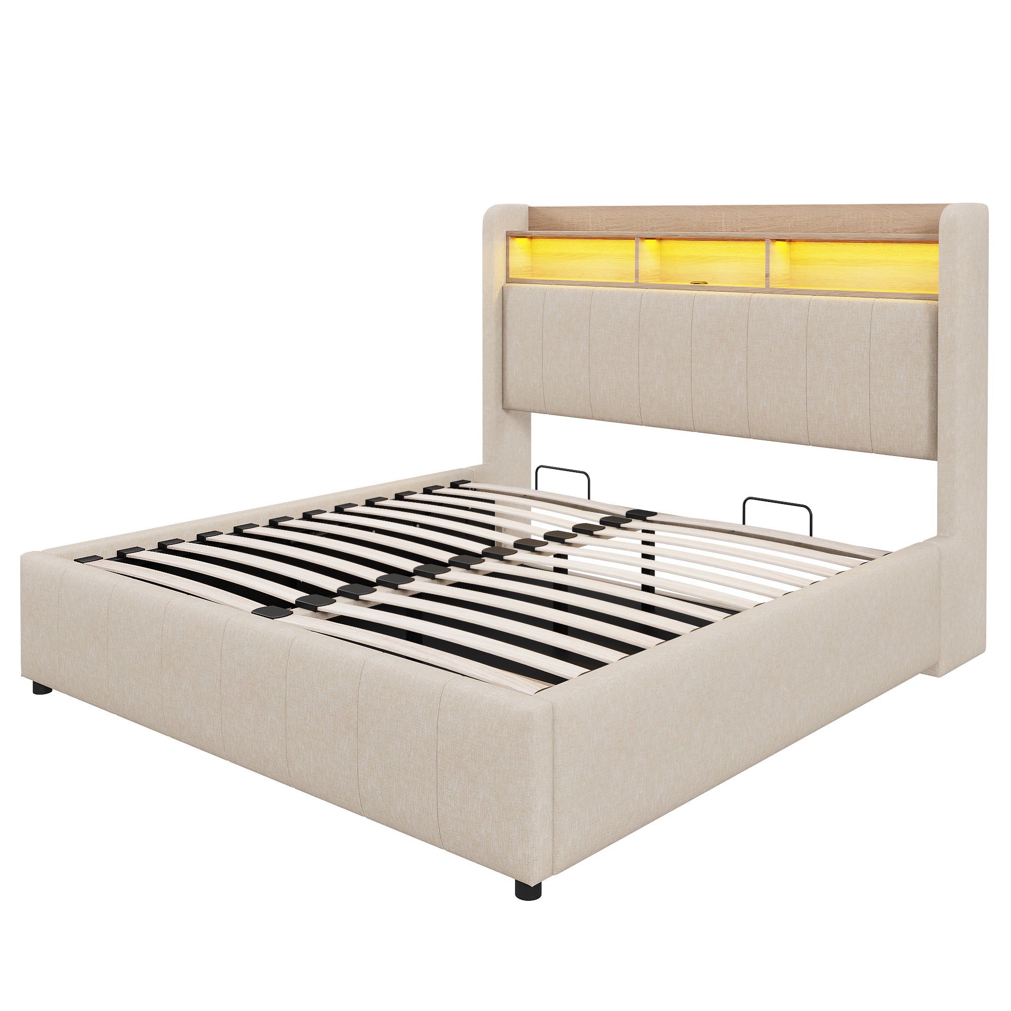 Lit coffre lit double 160 x 200 cm lit capitonné avec éclairage LED, prises USB et rangement, lin, beige - 6
