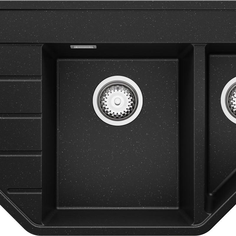 Zlewozmywak Narożny Czarny Metalik 90x50cm, Zlew Kuchenny 1,5 Komorowy + Syfon, Nablatowy do szafki od 70cm - Kopenhaga Corner PRIMAGRAN