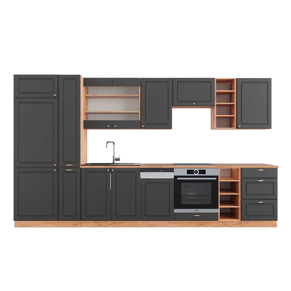 Vicco cuisine Fame-Line, Vert et or campagne/anthracite, 300 cm avec armoire haute, sans plan de travail • Prix