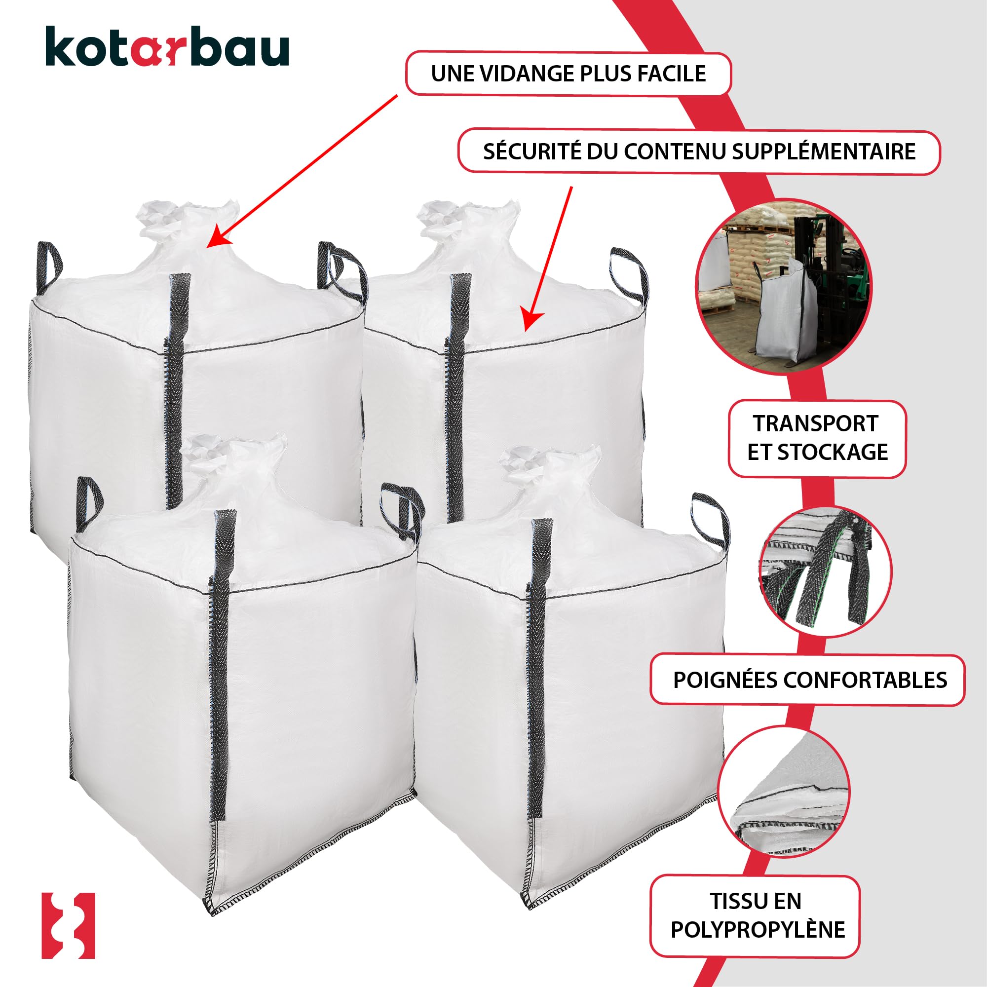 Sac Big Bag Vide, Sac Gravat Chantier 90x90x90 cm 500 kg avec trémie de vidange et goulotte 4 pièces - KOTARBAU - 4