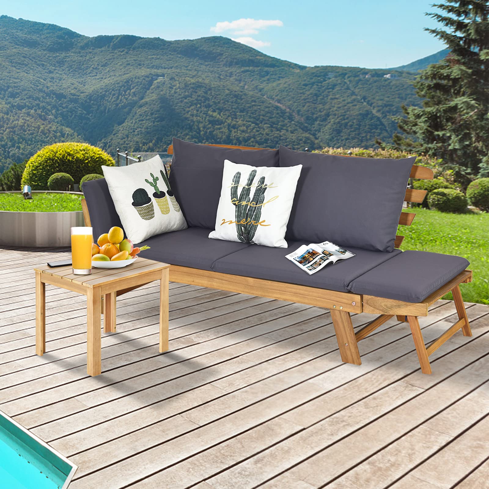 Canapé de Jardin Convertible 2 Places en Bois d’Acacia Certifié FSC avec Coussin Amovible, Accoudoir Extensible, Charge 320KG,Gris - 9