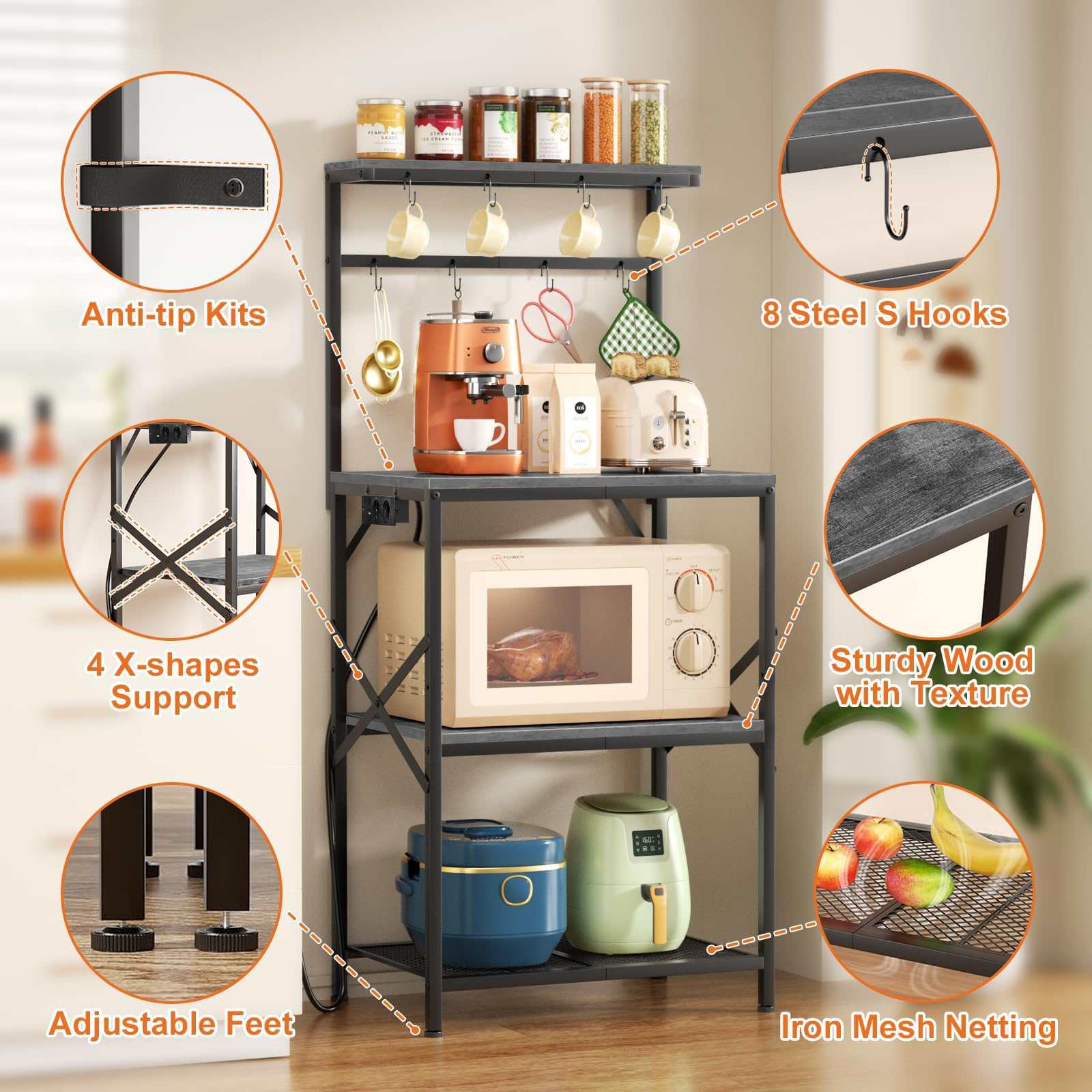 Étagère de cuisine multifonction avec prise intégrée, hauteur réglable, structure métal bois robuste et gain de place - 5