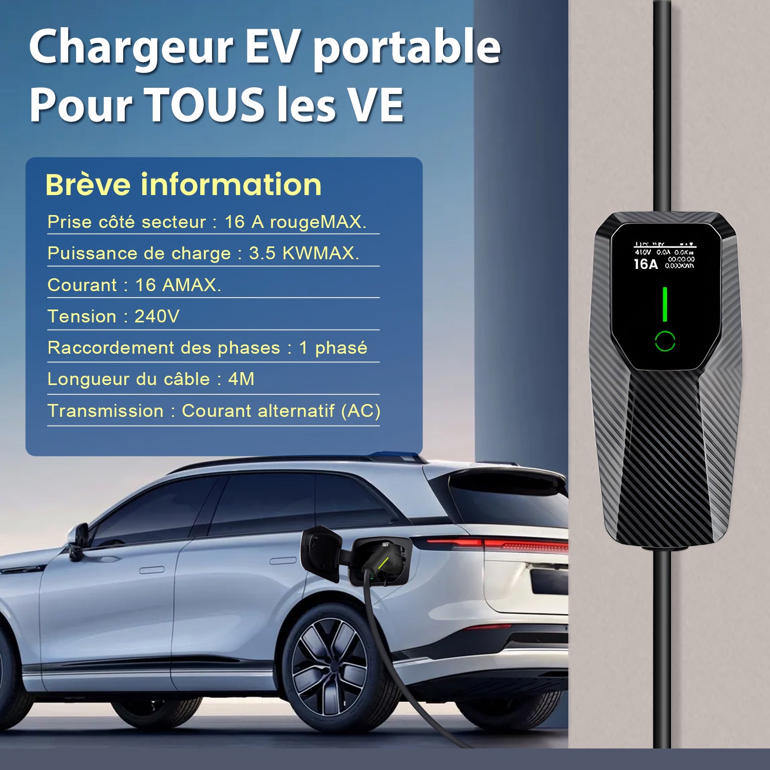 Carregador EV de 3,5 kW [4 m, 6-16 A] Cabo de carregamento EV de categoria 2, compatível com E-208, modelo Y, Megane E-Tech, 500e e outros EV/PHEVs - 2