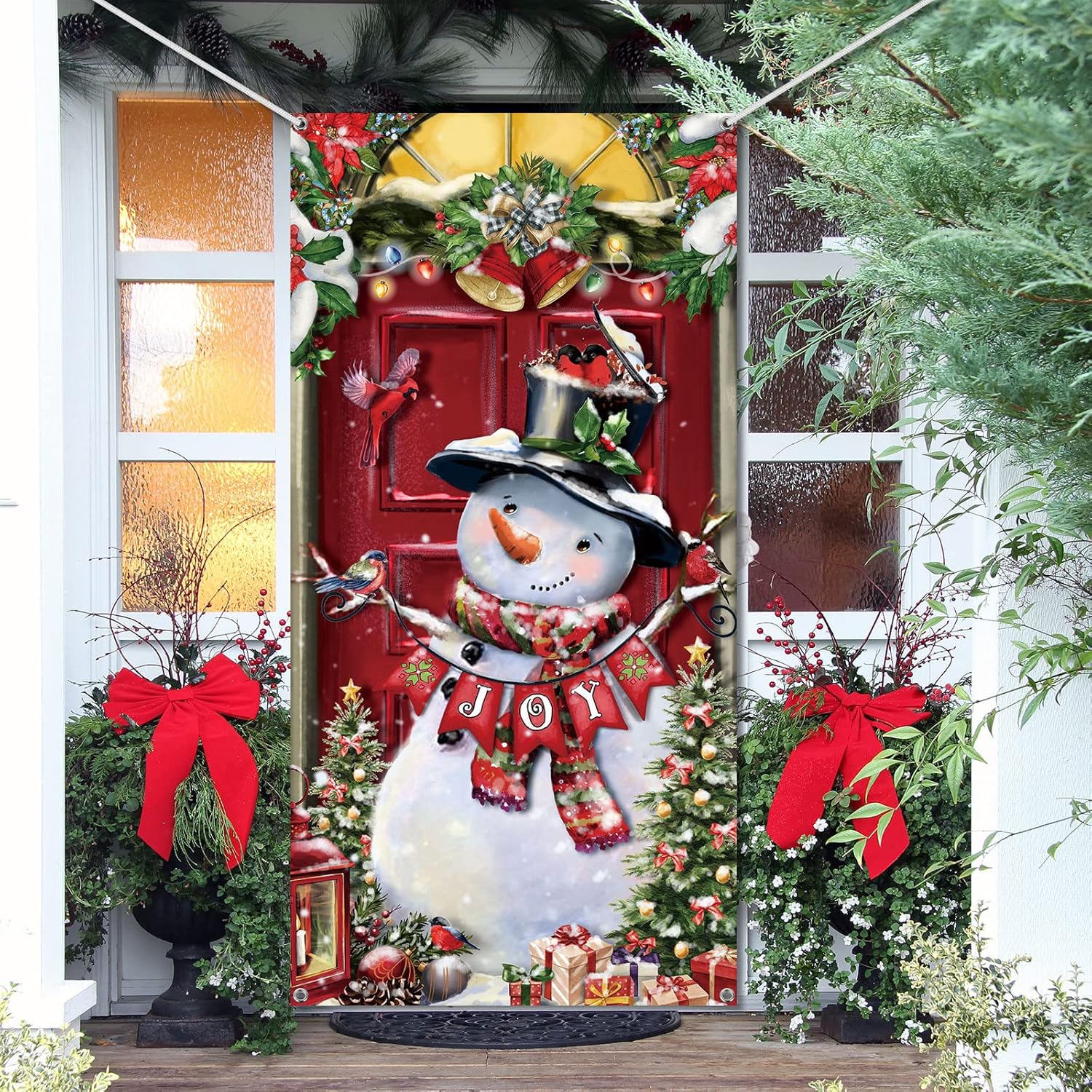Cubierta para puerta con muñeco de nieve navideño, banderín navideño para la puerta principal, fondo navideño, decoración navideña para puerta - 4