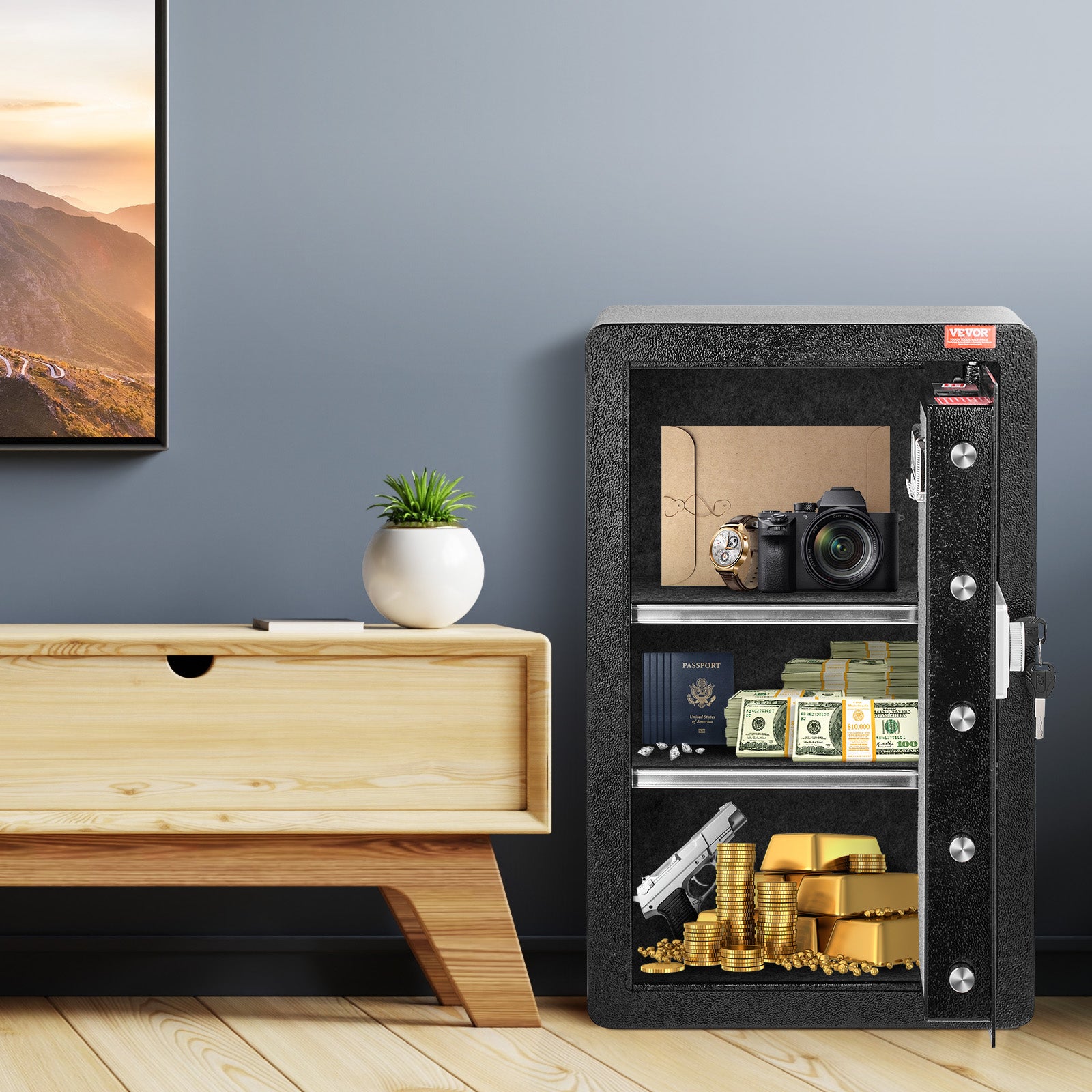 Coffre-fort 113L à une porte,2 façons de déverrouiller,clé et combinaison,sac ignifuge,porte-clés,2 étagères pour ranger les objets valeur VEVOR - 8