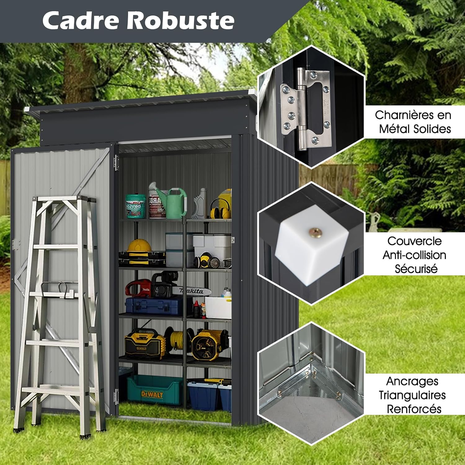 Abri de Jardin Métal Galvanisé 1,02m², Cabane Jardin Exterieur 1,88 m³avec Loquet, Toit en Pente, 4 Gants, 2 Trous d’Aérations, Gris - 5