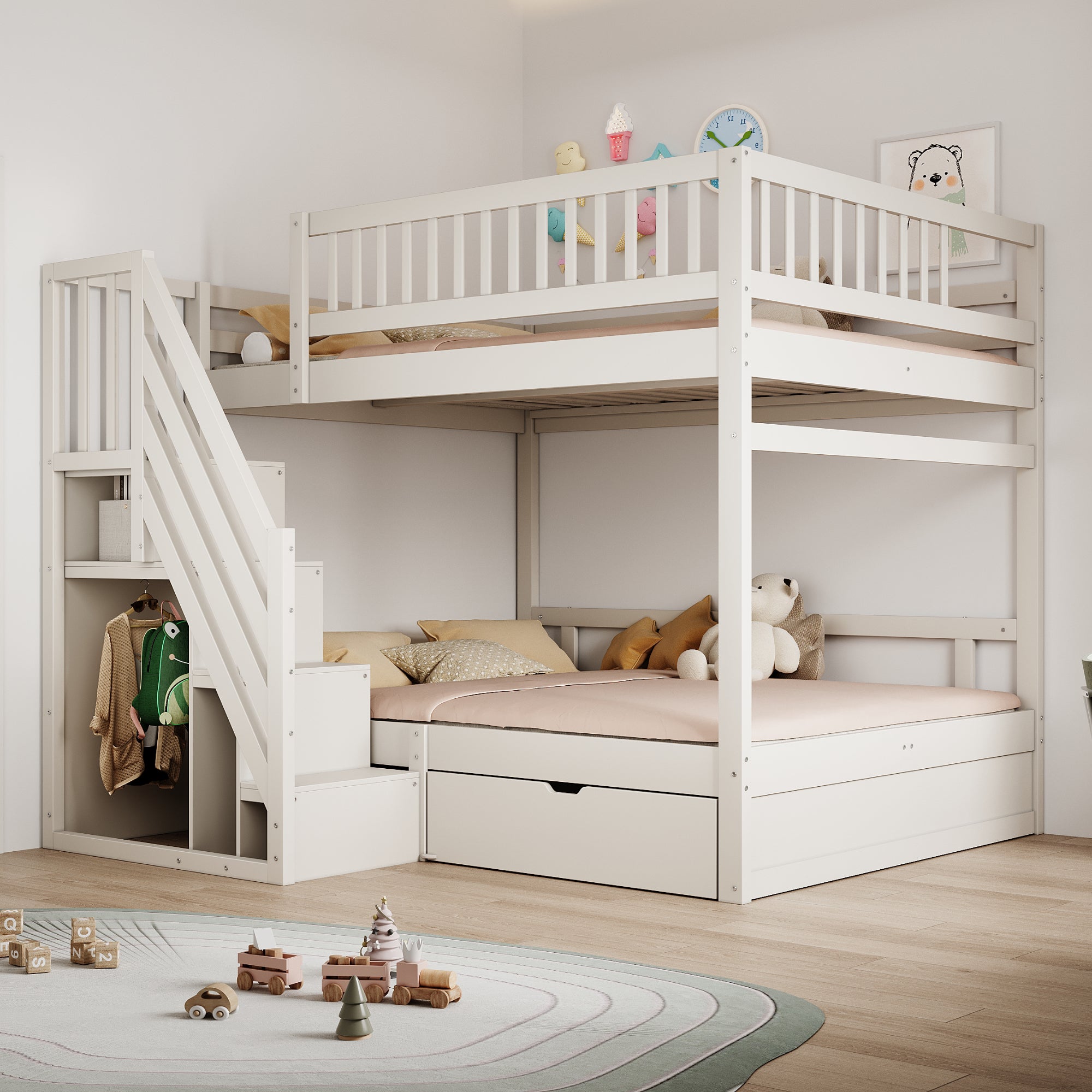 Letti a castello 2 x 140 x 200 cm con armadio aperto e 1 cassetto - Pino + compensato + MDF - Bianco (Senza materasso) - 2