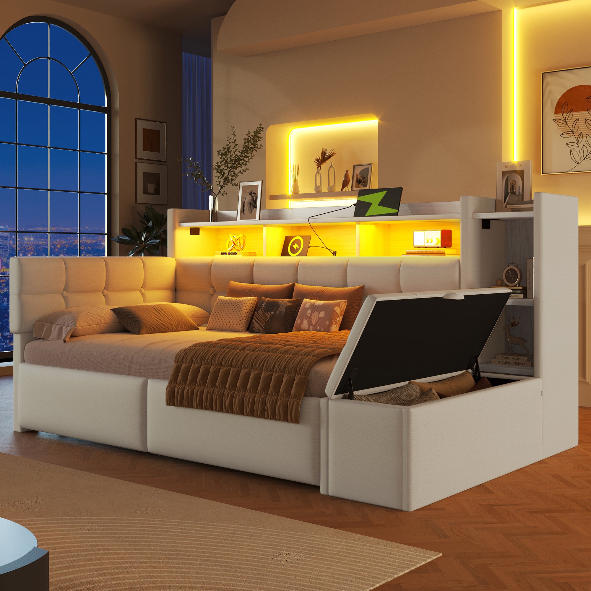 Łóżko tapicerowane 90 x 190 cm z 2 szufladami i ławką ze schowkiem, sofa rozkładana - LED - gniazda USB i typu C - aksamitne - białe (bez materaca)