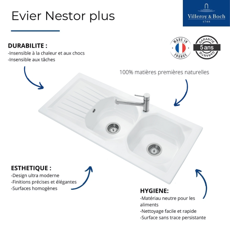 Evier céramique à encastrer 2 bacs 113x51cm VILLEROY ET BOCH Nestor plus - 2