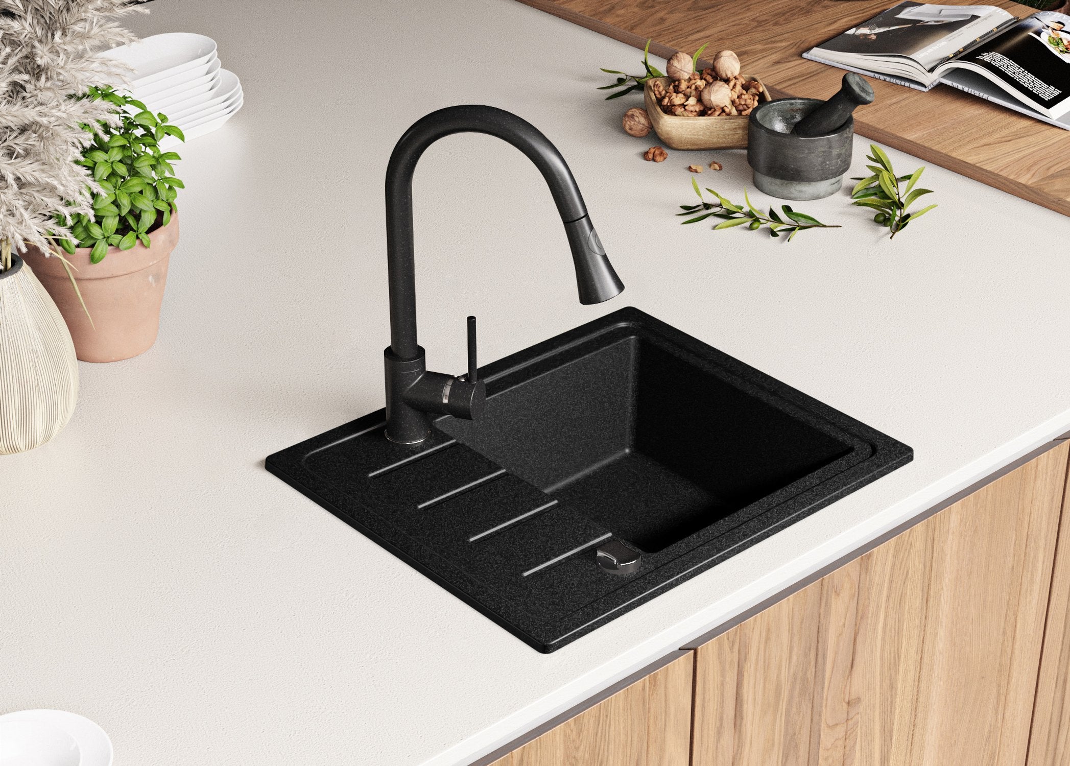 Evier Cuisine en Granit Graphite 55x44cm, Lavabo 1 bac + Kit de Vidage, Évier à Encastrer au meuble 45cm - Copenhague Easy PRIMAGRAN - 8