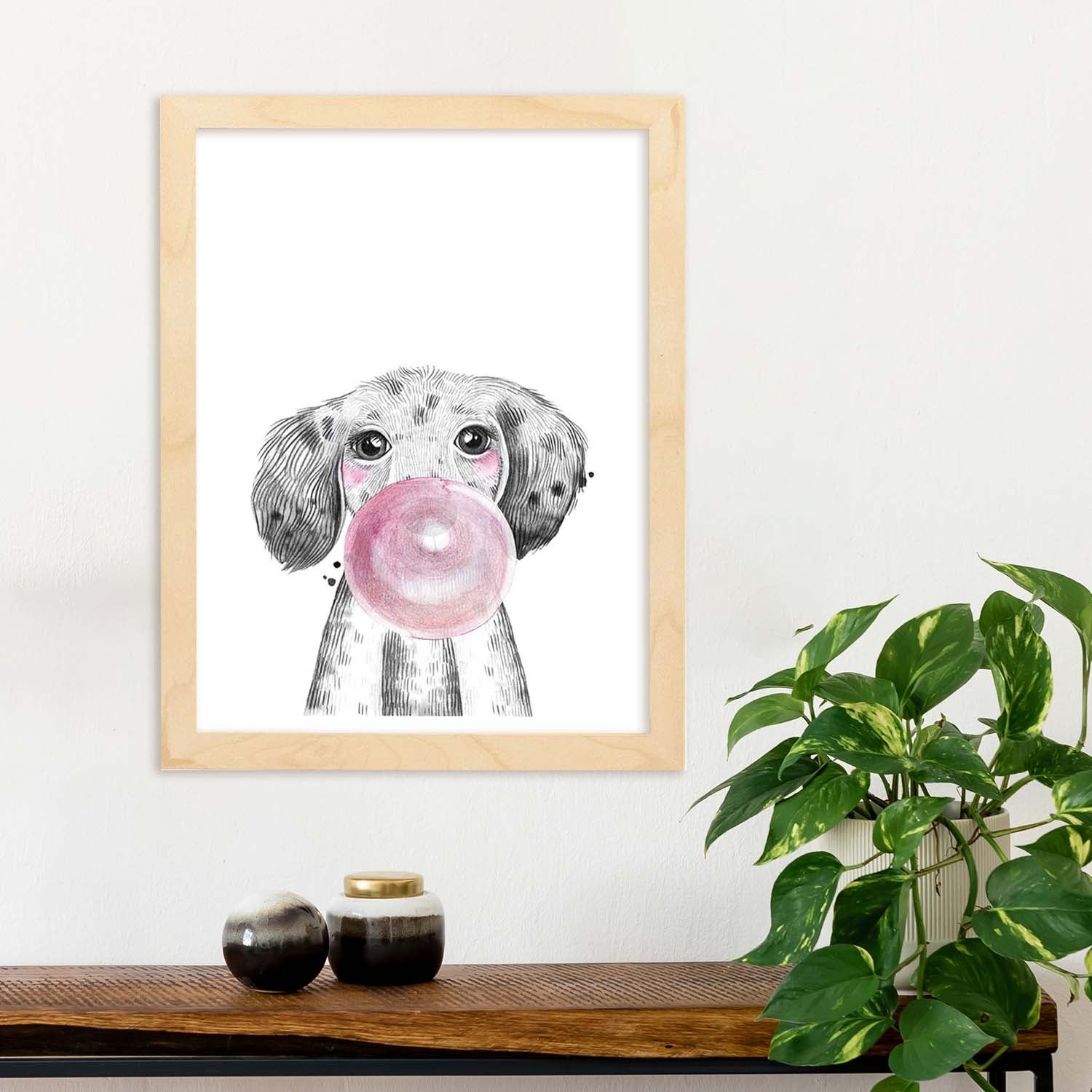 Lámina infantil perro bebe con chicle rosa poster animales infantiles sin marco - a4