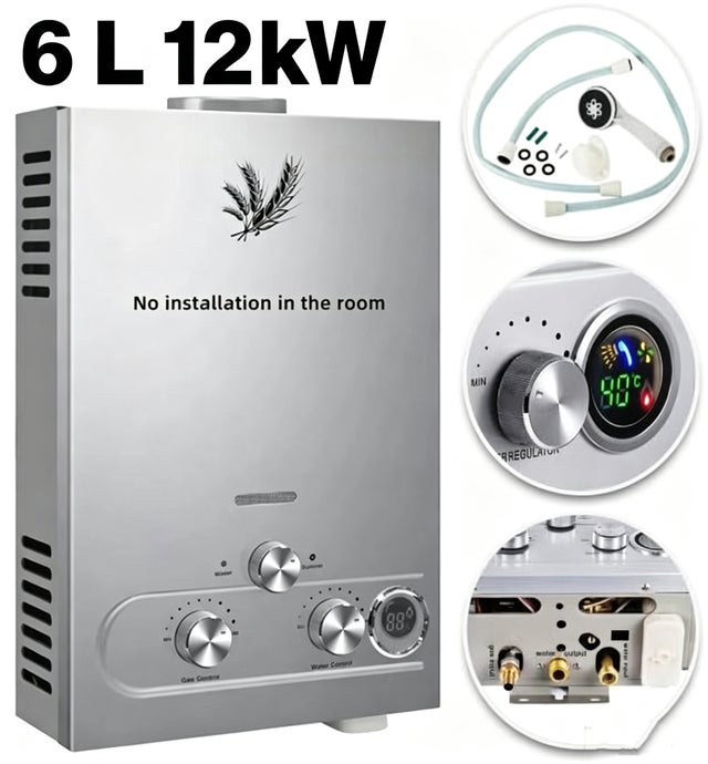 Calentador de agua instantáneo de gas GLP 6 L 12 kW, funciona con propano y butano, pantalla LED,múltiples sistemas de seguridad,modelo para exterior