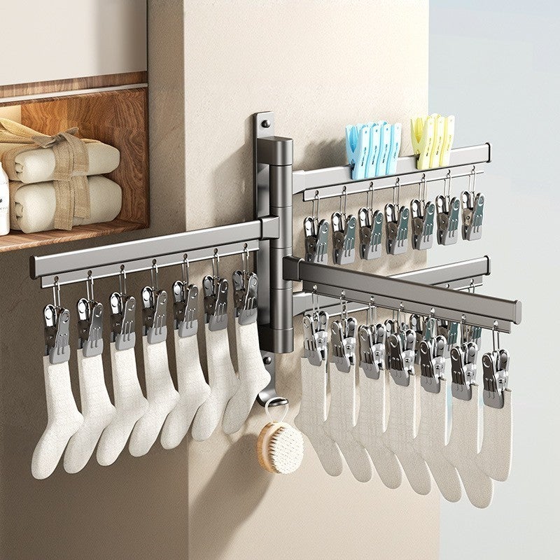 Suszarka do skarpet z klipsami, wielofunkcyjny składany wieszak na bieliznę, obrotowy stojak do suszenia balkonów, cztery pręty, 28 klipsów