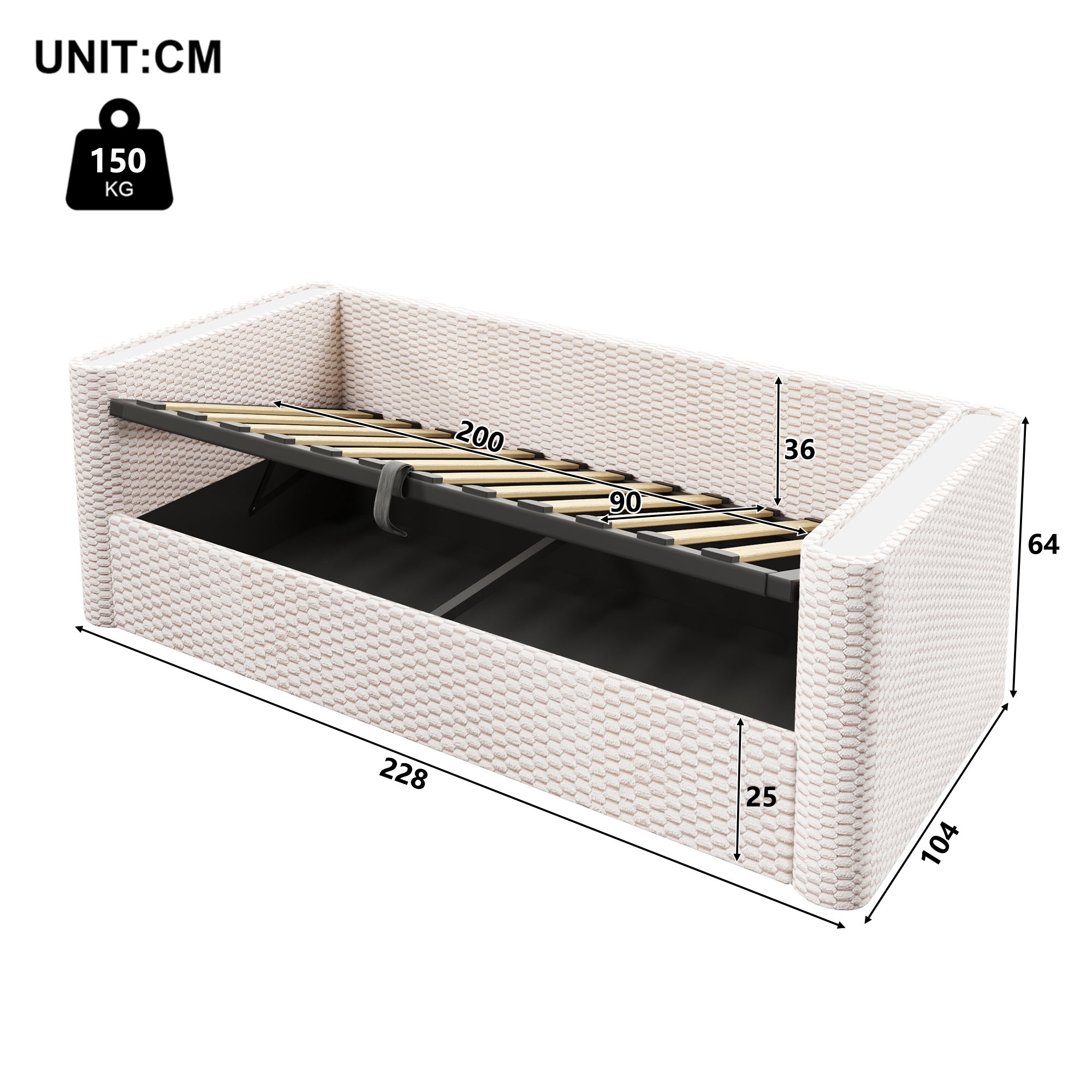Rozkładana sofa z pojemnikiem 90x200 cm - z oświetleniem LED - stelaż lamelowy - welur - beżowy​ (materac nie jest wliczony w cenę) - 5