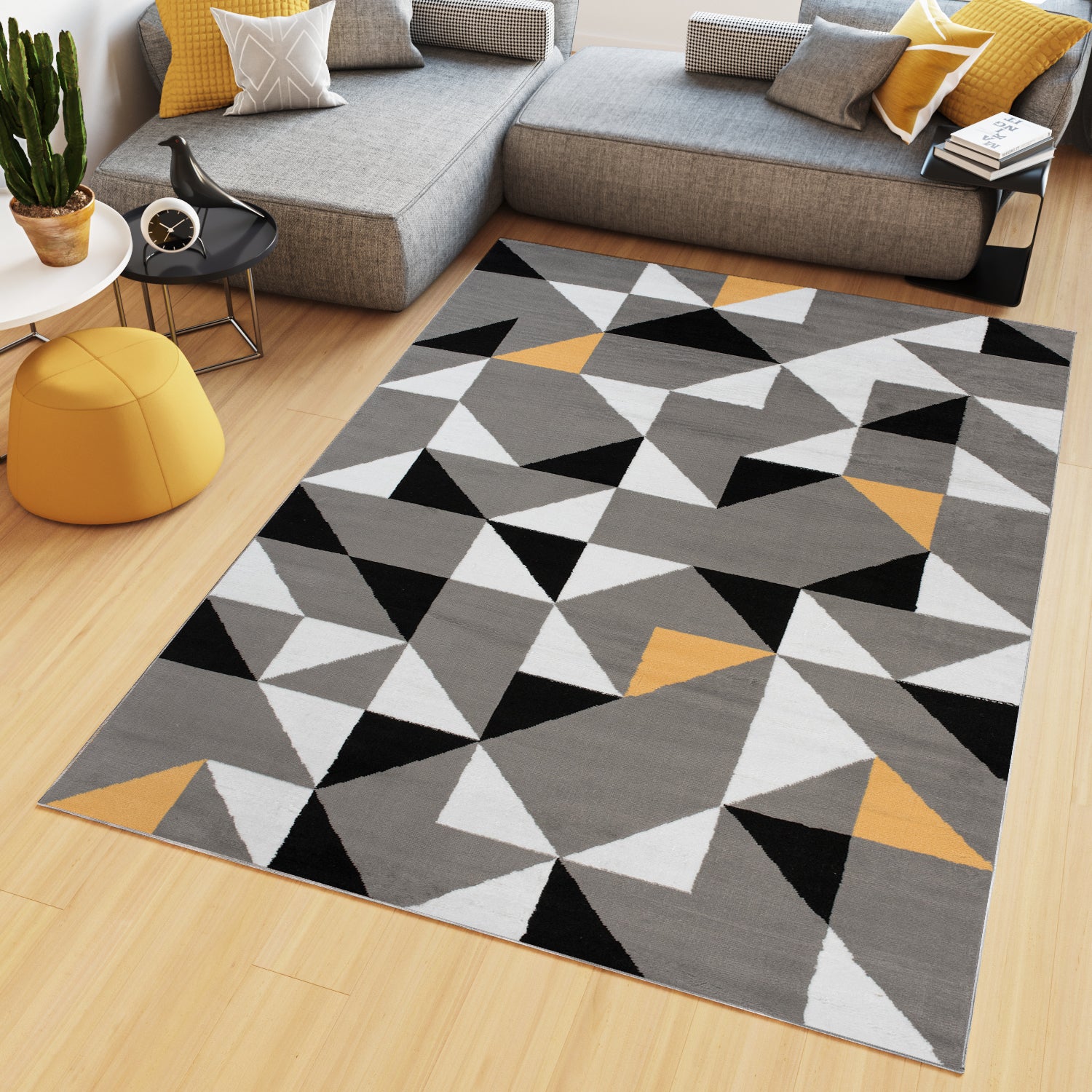 Tapiso maya alfombra de salón sala diseño moderno naranja gris negro blanco geométrico triángulos mosaico 160 x 220 cm