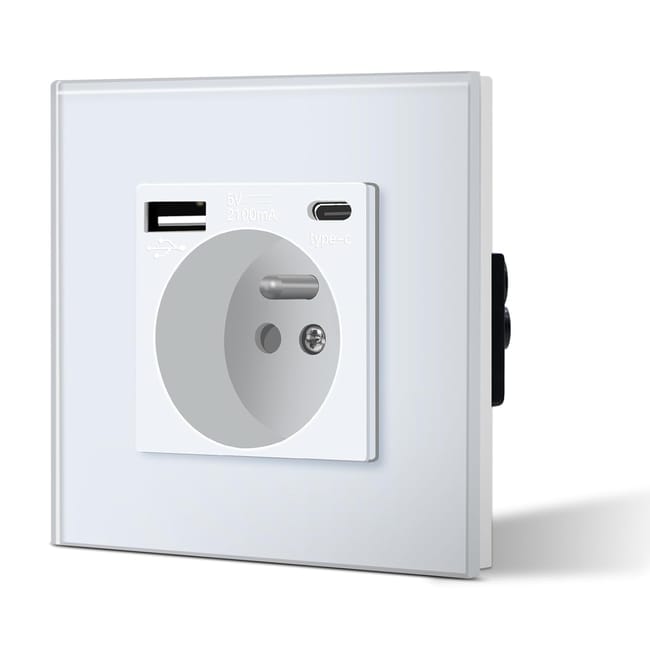 Gniazdo ścienne z USB i typu C, szklane gniazdo zasilania z USB, wyjście 2,1 A, prąd 16 A, 240 V, 86 mm, białe